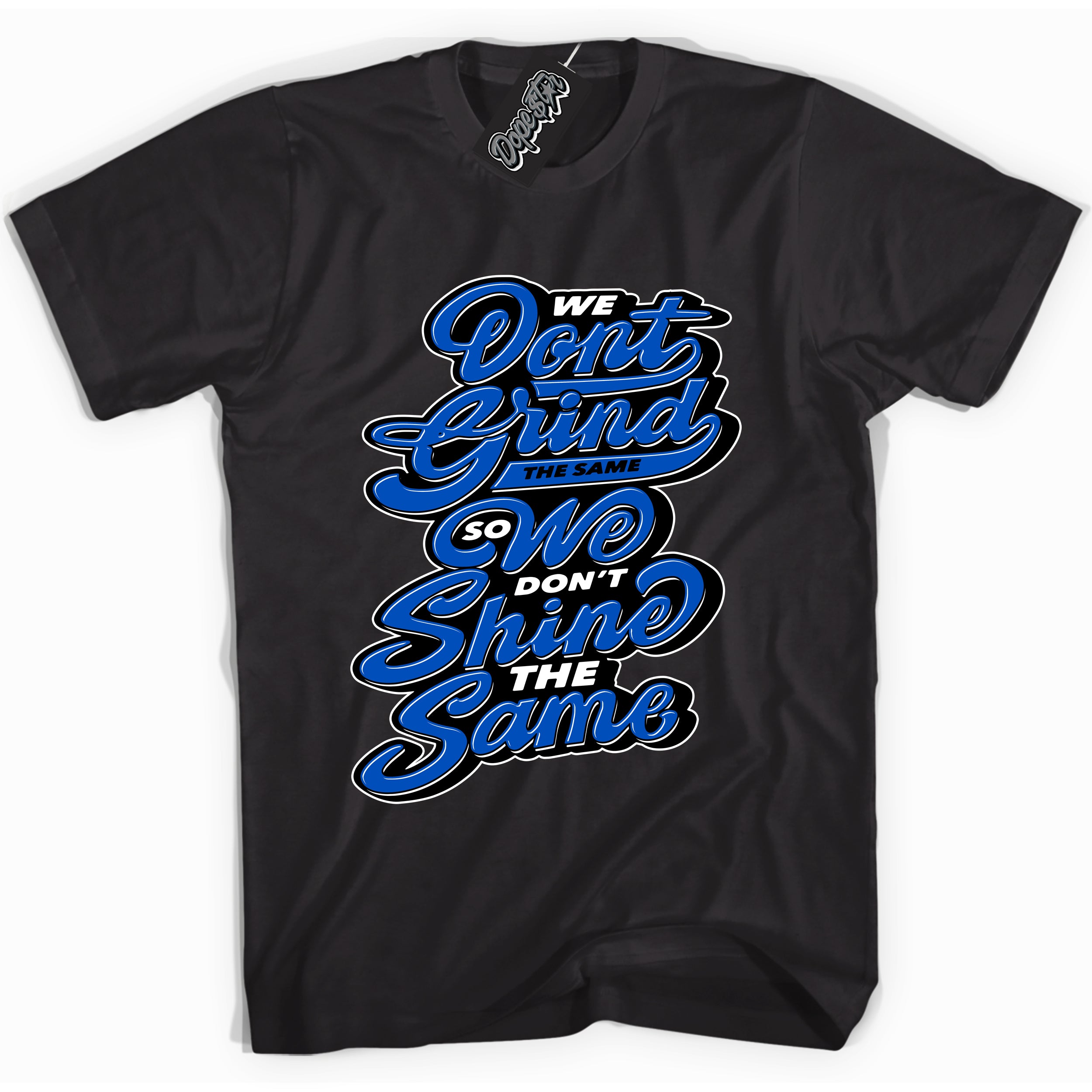 Cool Black graphic tee with Grind Shine print, that perfectly matches OG Royal Reimagined 1s sneakers 