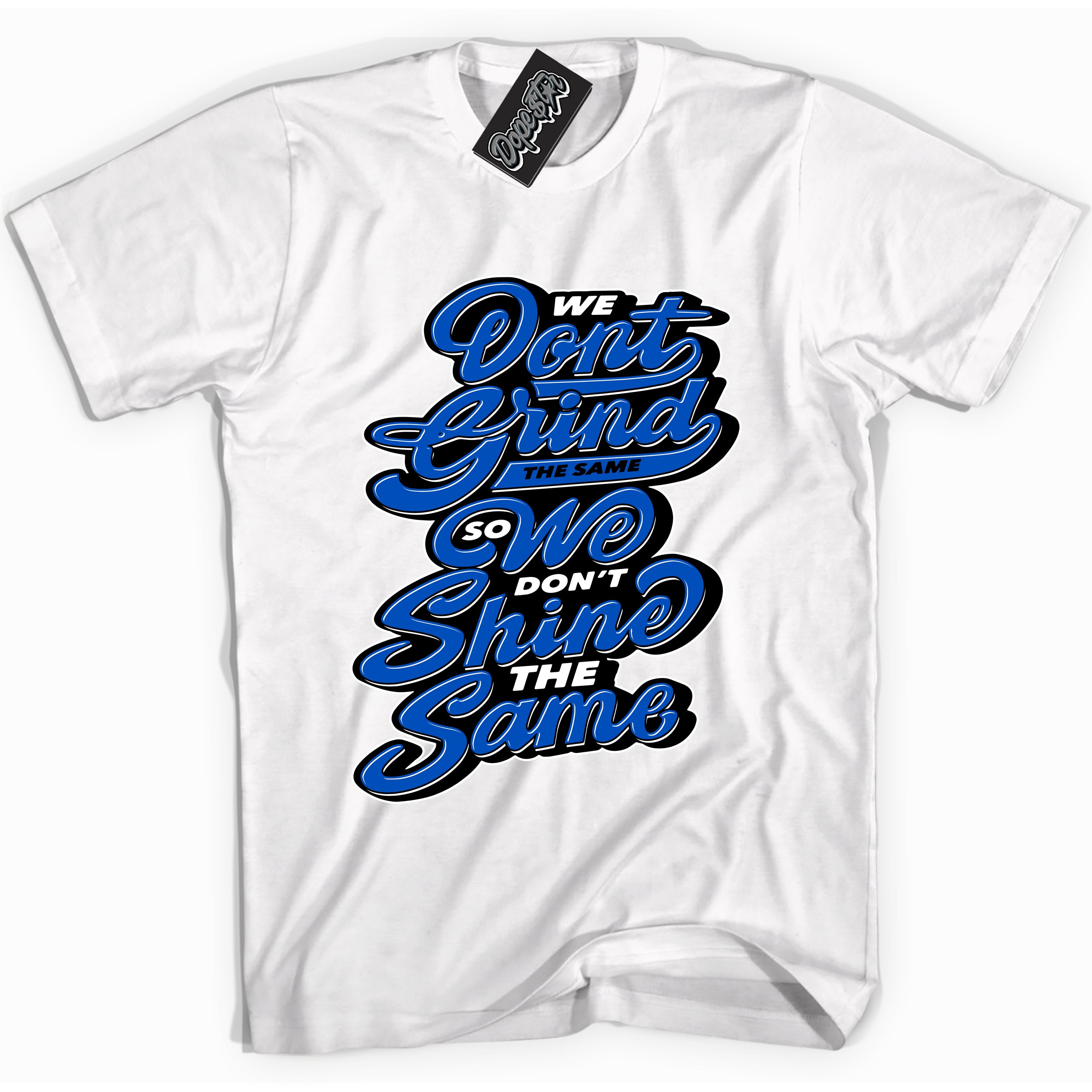Cool White graphic tee with Grind Shine print, that perfectly matches OG Royal Reimagined 1s sneakers 