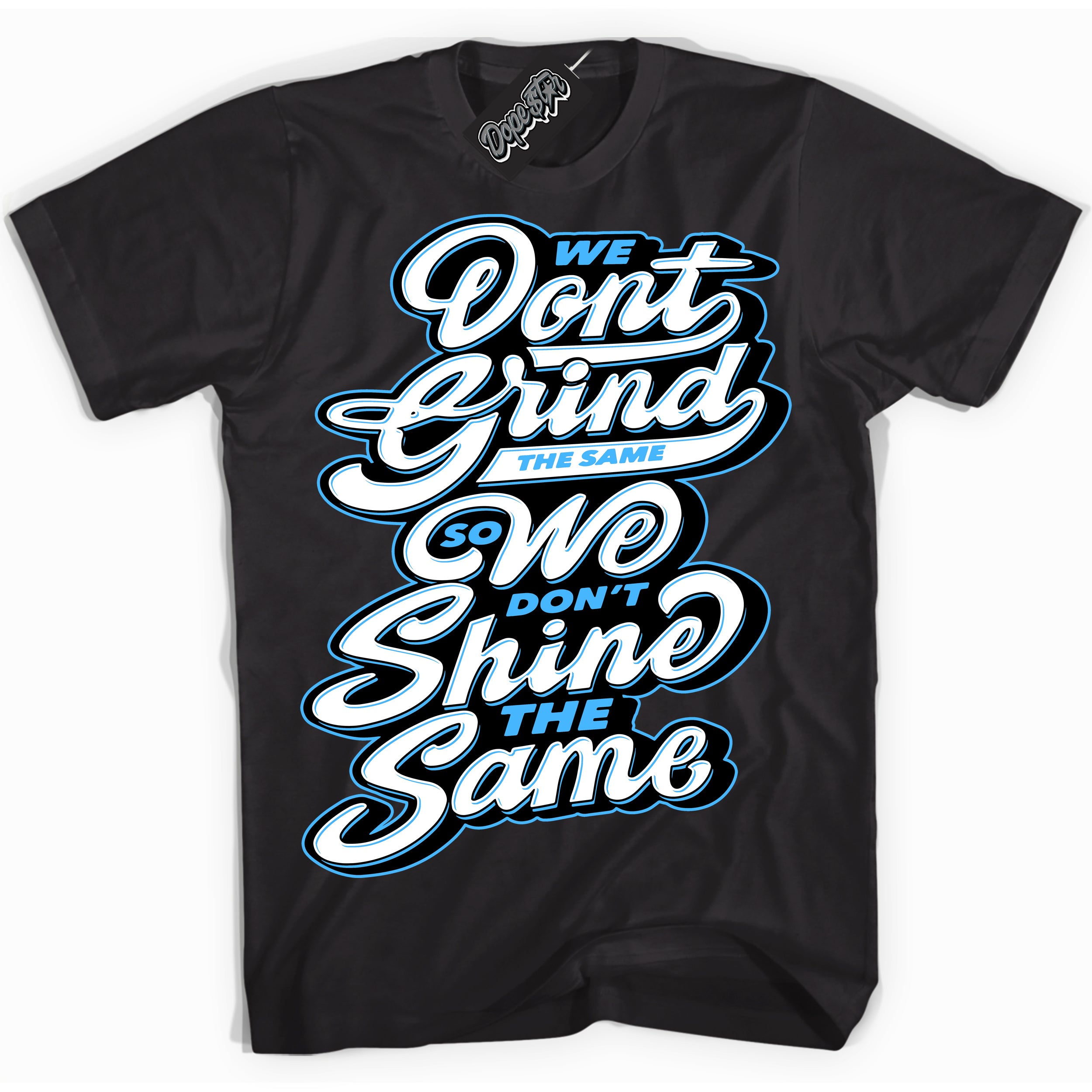 Cool Black graphic tee with “ Grind Shine ” design, that perfectly matches Powder Blue 9s sneakers 