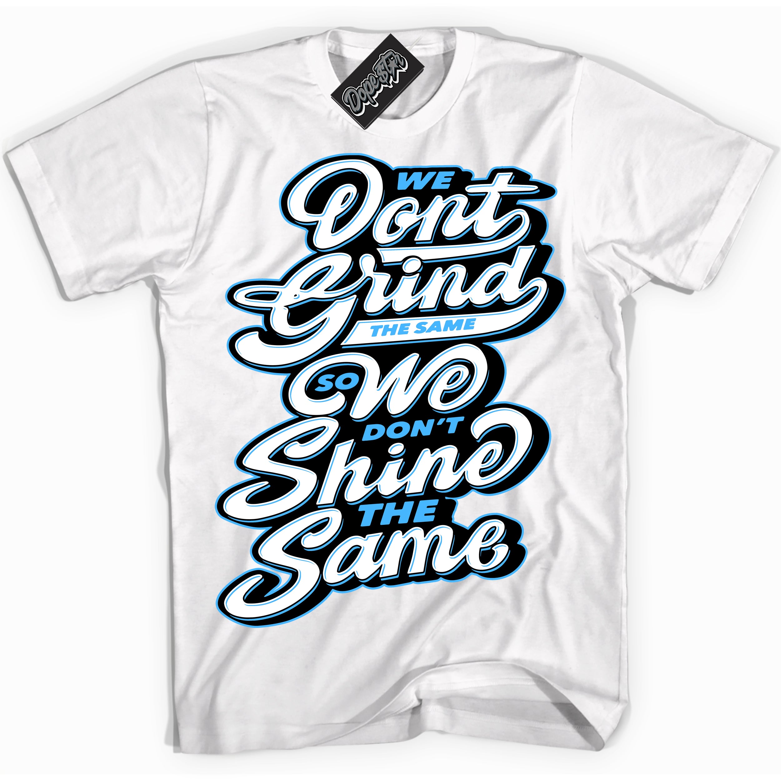 Cool White graphic tee with “ Grind Shine ” design, that perfectly matches Powder Blue 9s sneakers 