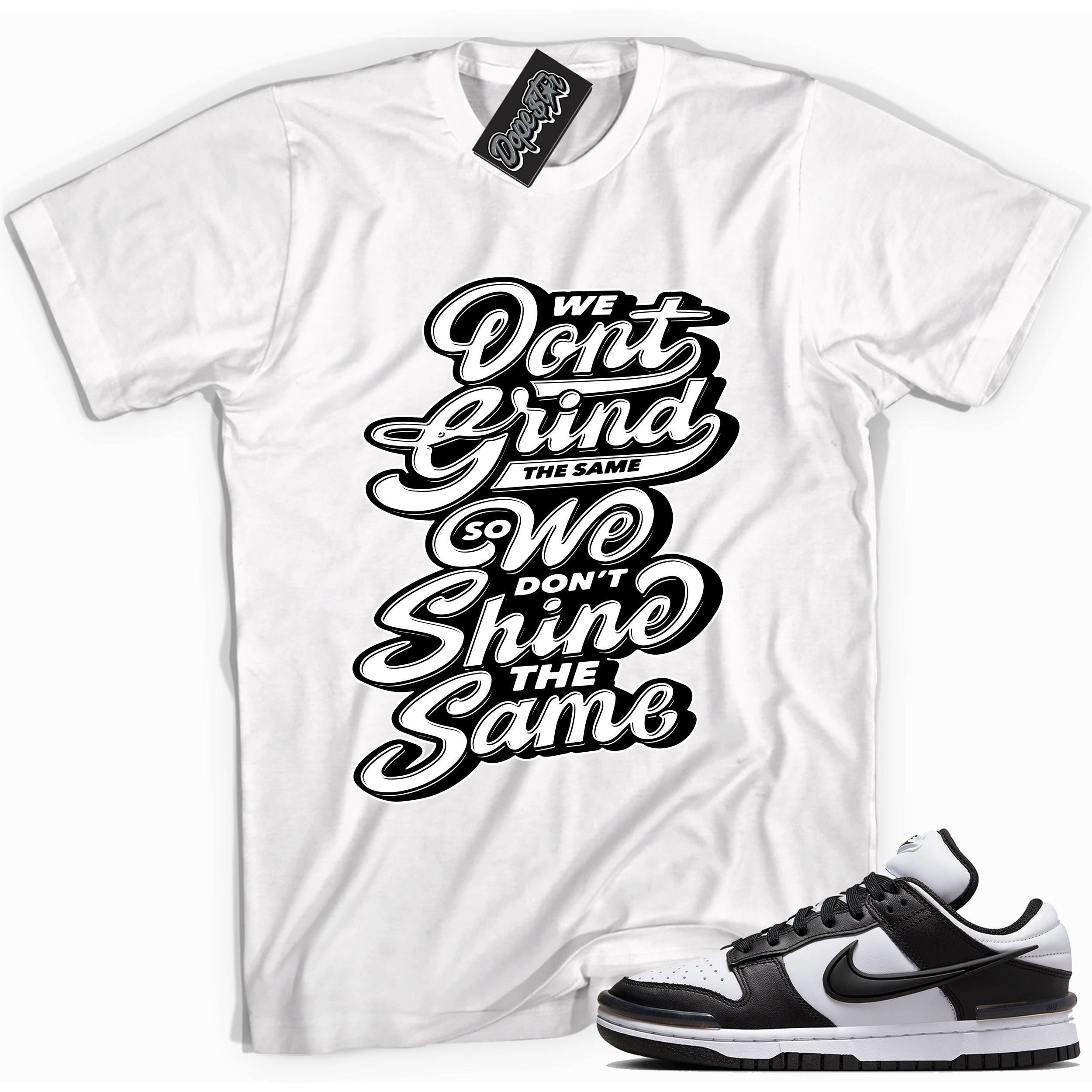 Cool white graphic tee with 'grind shine' print, that perfectly matches Nike Dunk Low Twist Panda sneakers.