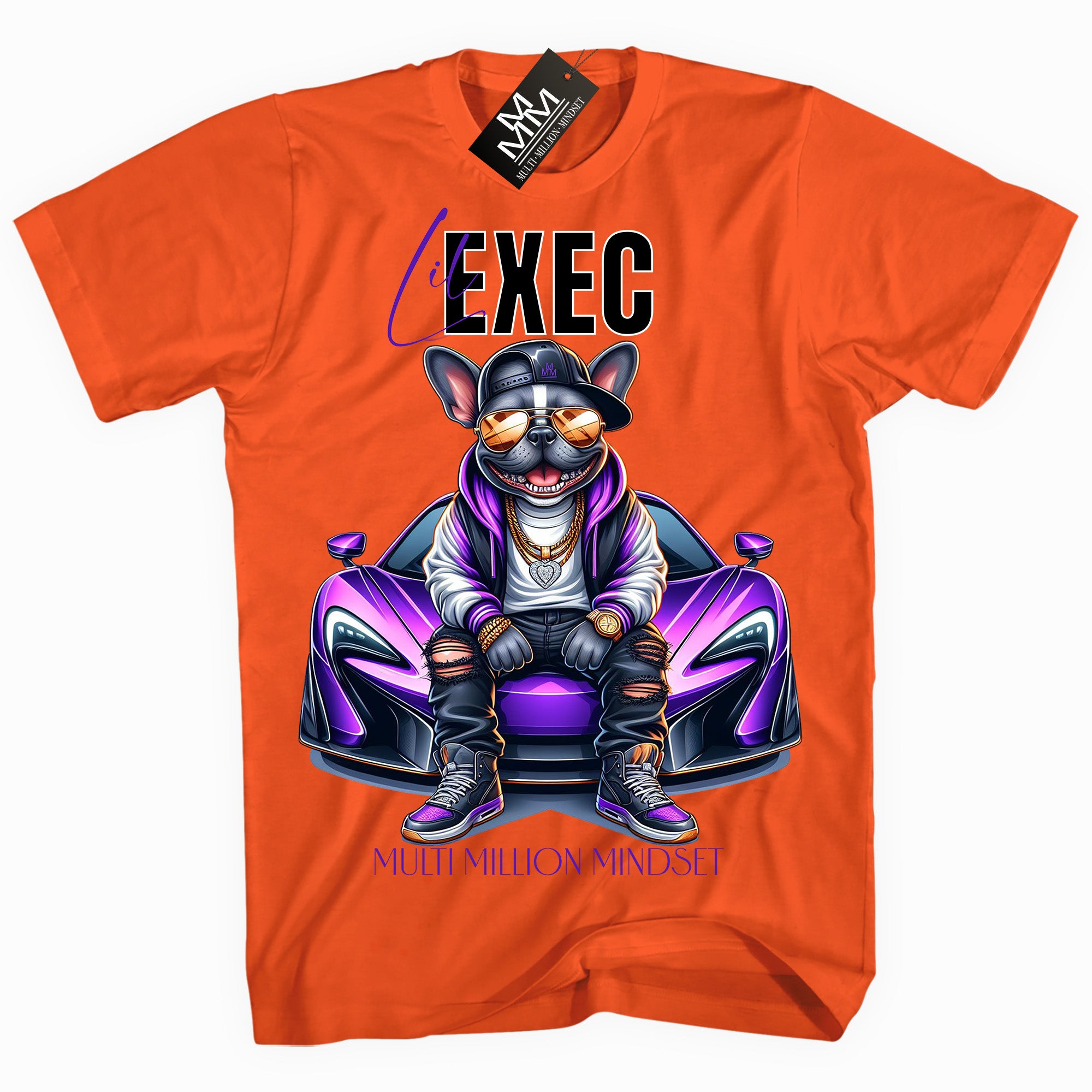 Mind Blowin lil EXEC® Grindin Bright Frenchie Graphic Orange Tee By Multi Million Mindset®