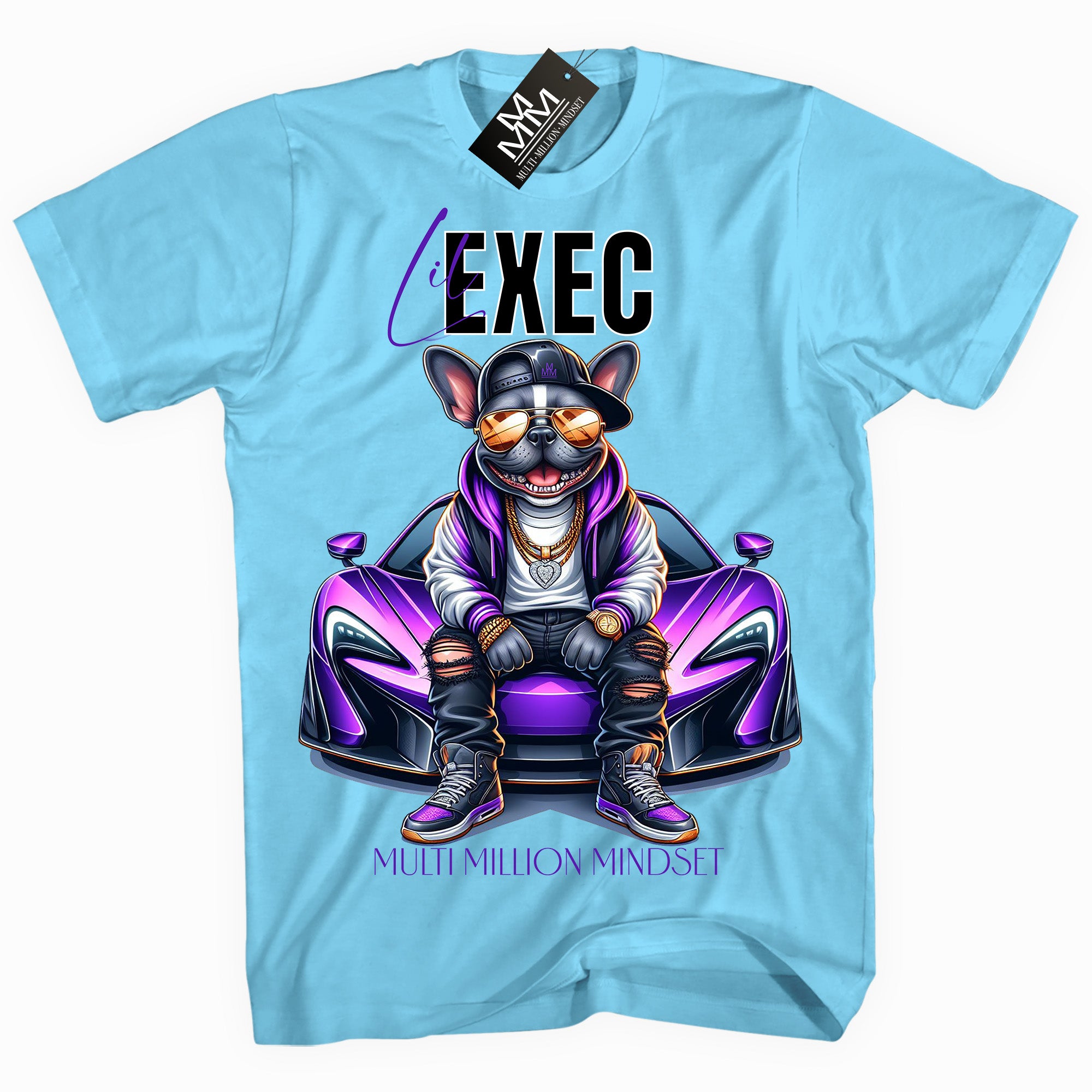 Mind Blowin lil EXEC® Grindin Bright Frenchie Graphic Sky Blue Tee By Multi Million Mindset®