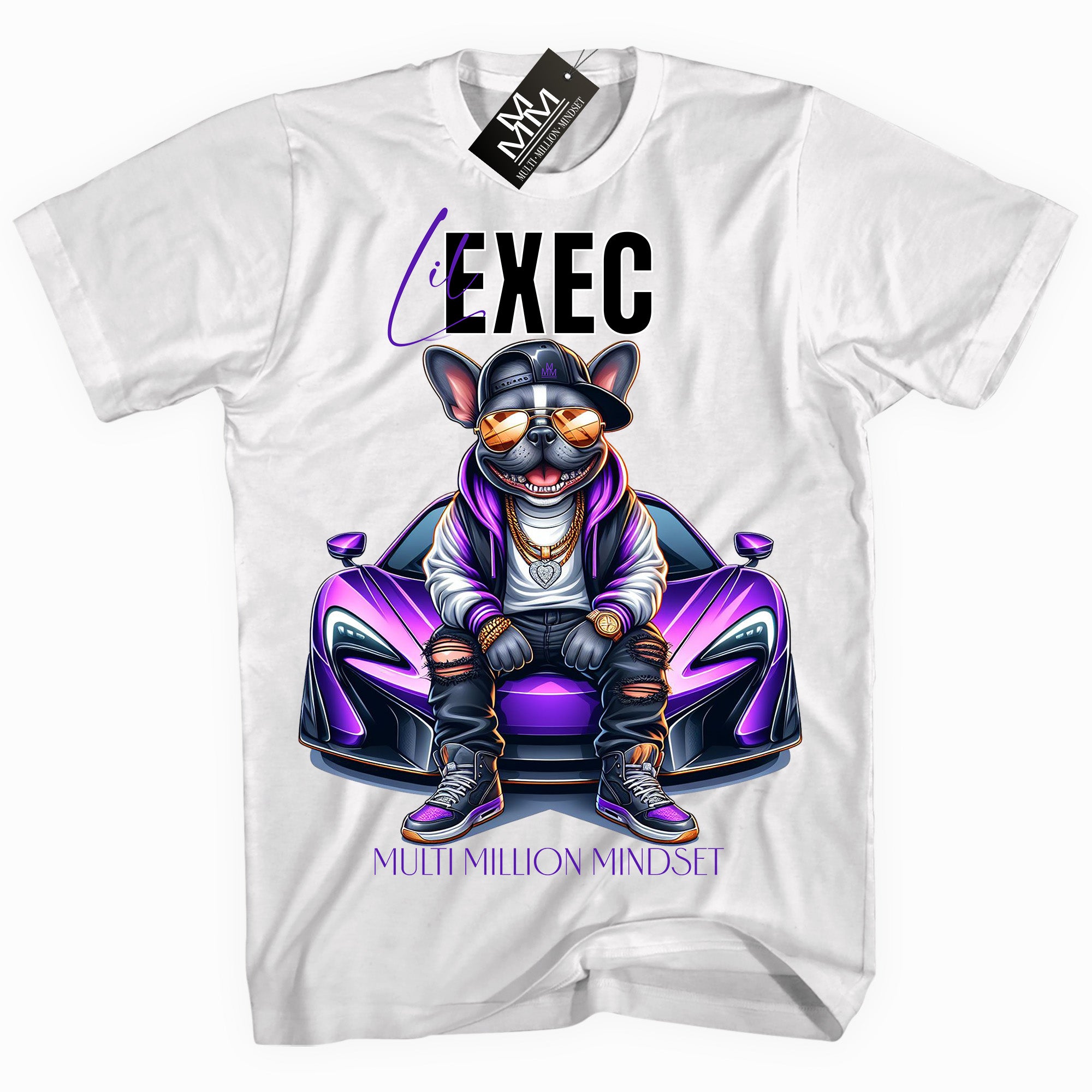 Mind Blowin lil EXEC® Grindin Bright Frenchie Graphic White Tee By Multi Million Mindset®