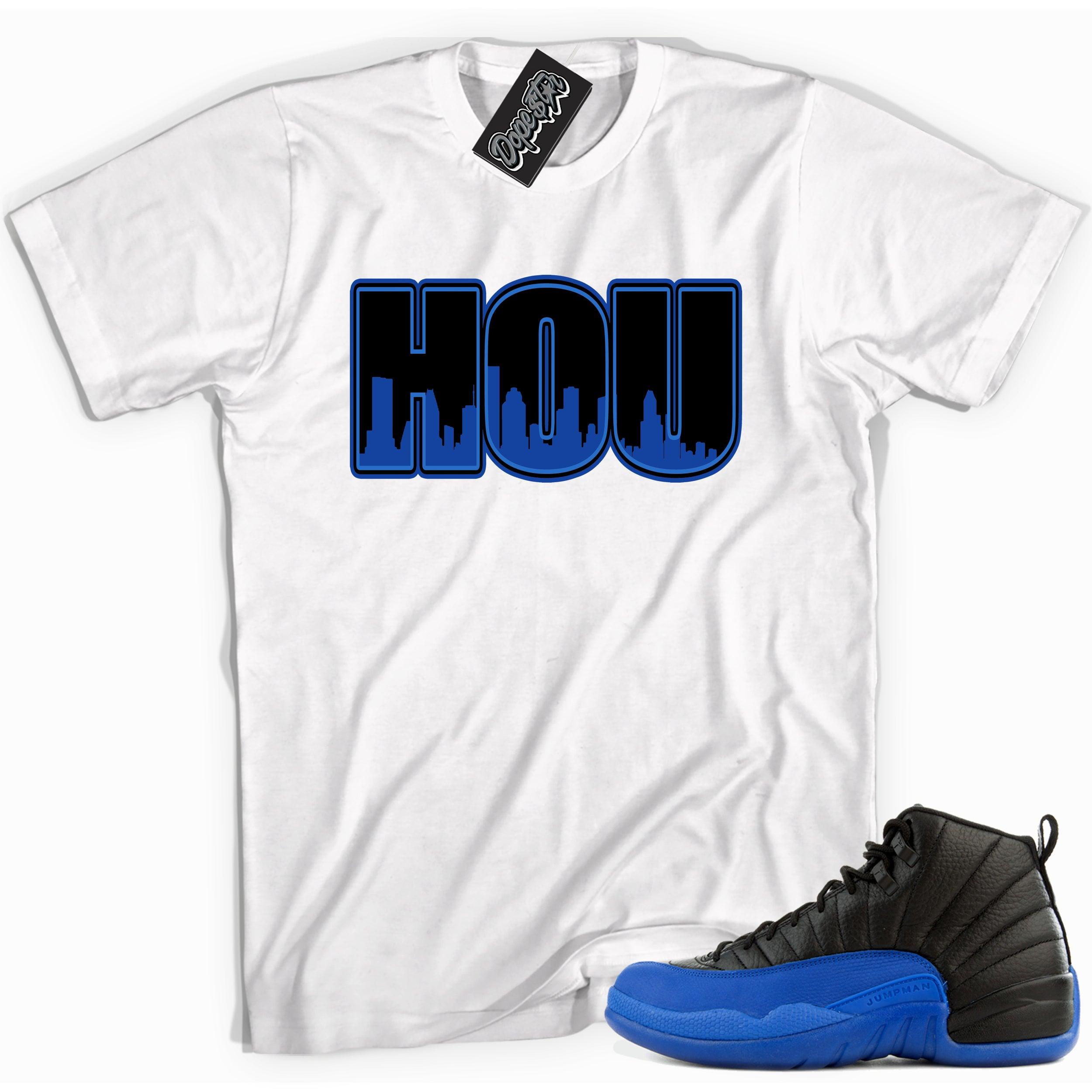 Cool white graphic tee with 'houston' print, that perfectly matches Air Jordan 12 Retro Black Game Royal sneakers.