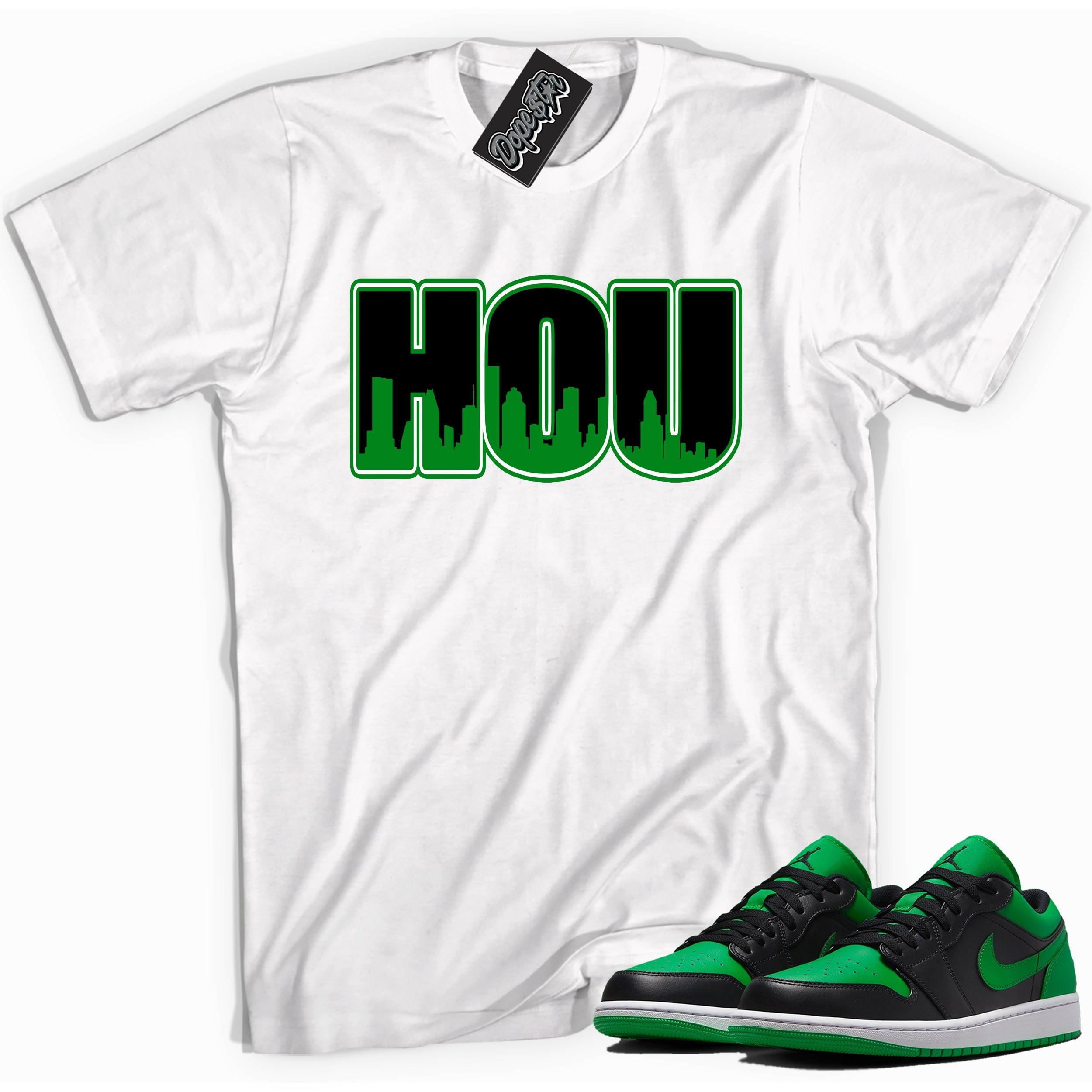Cool white graphic tee with 'HOU' print, that perfectly matches Air Jordan 1 Low Lucky Green sneakers