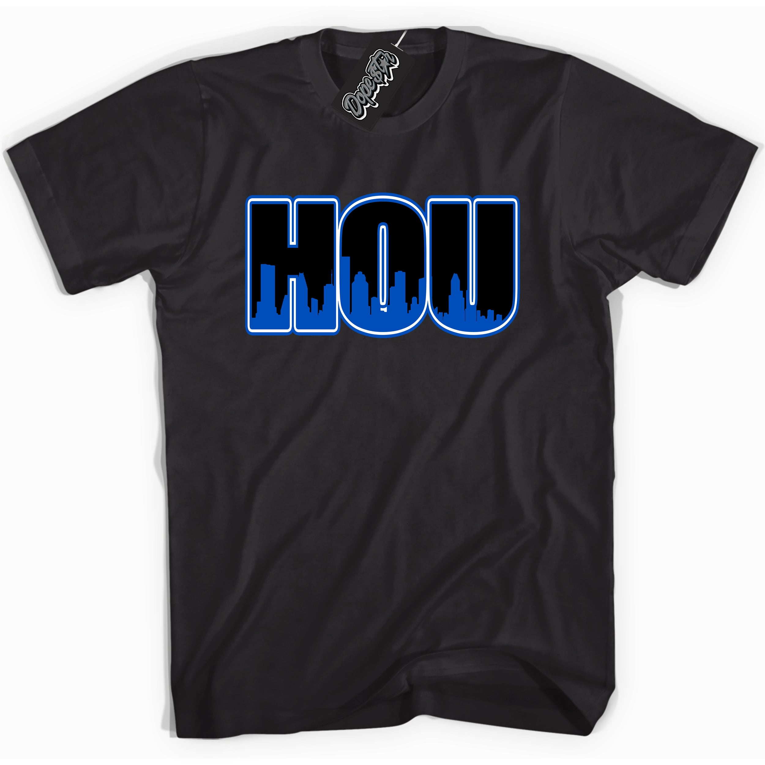 Cool Black graphic tee with Houston print, that perfectly matches OG Royal Reimagined 1s sneakers 