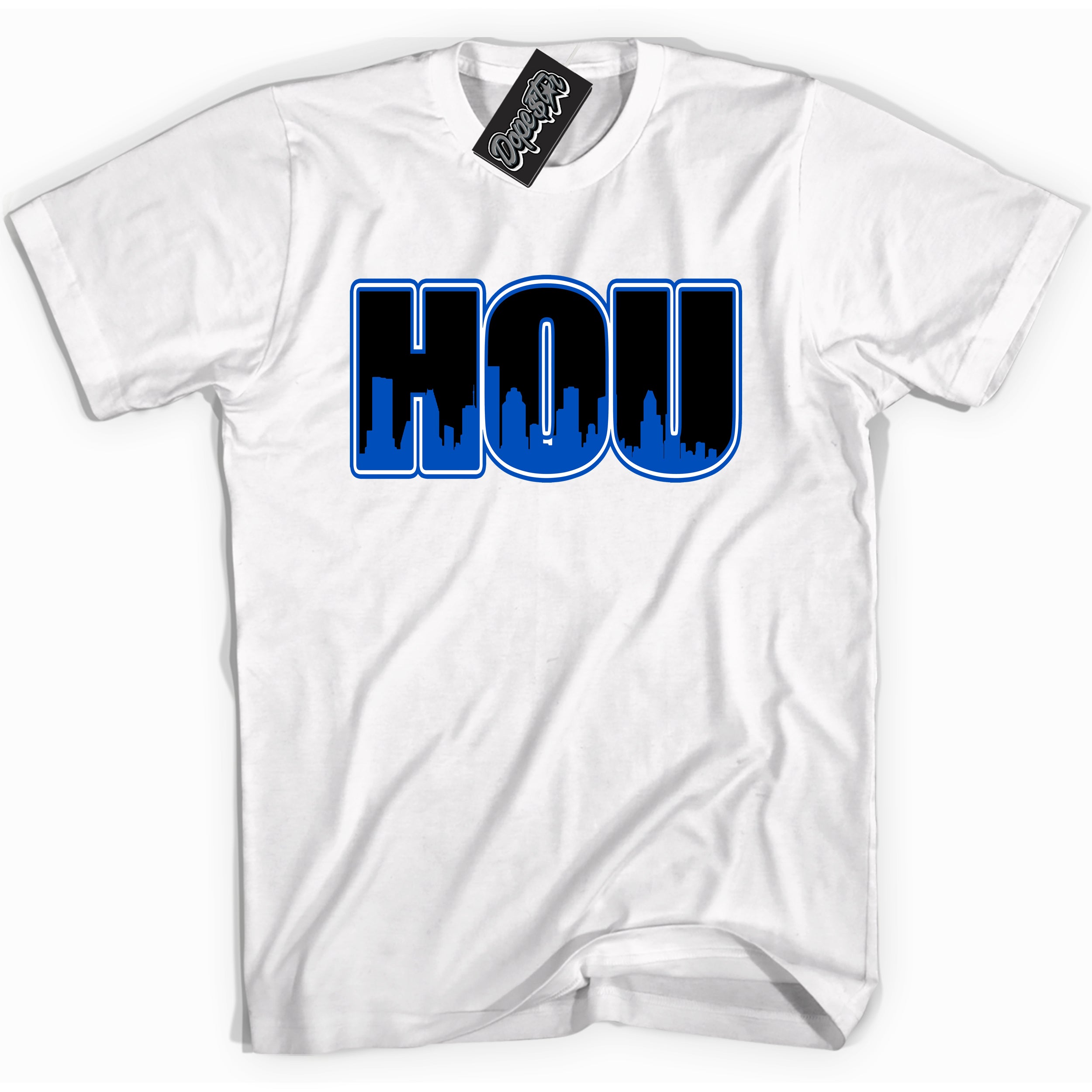 Cool White graphic tee with Houston print, that perfectly matches OG Royal Reimagined 1s sneakers 