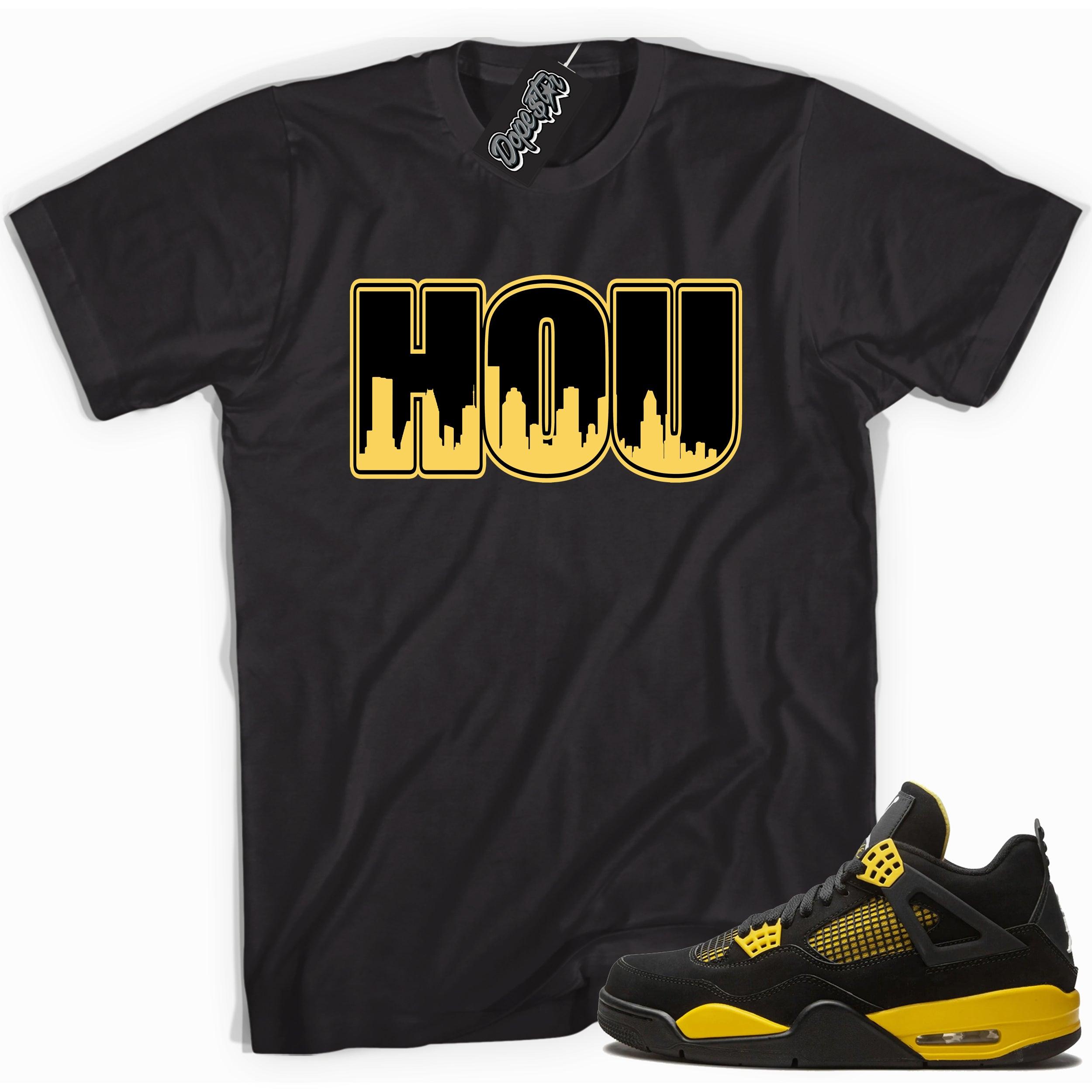 Cool black graphic tee with 'HOU' print, that perfectly matches  Air Jordan 4 Thunder sneakers