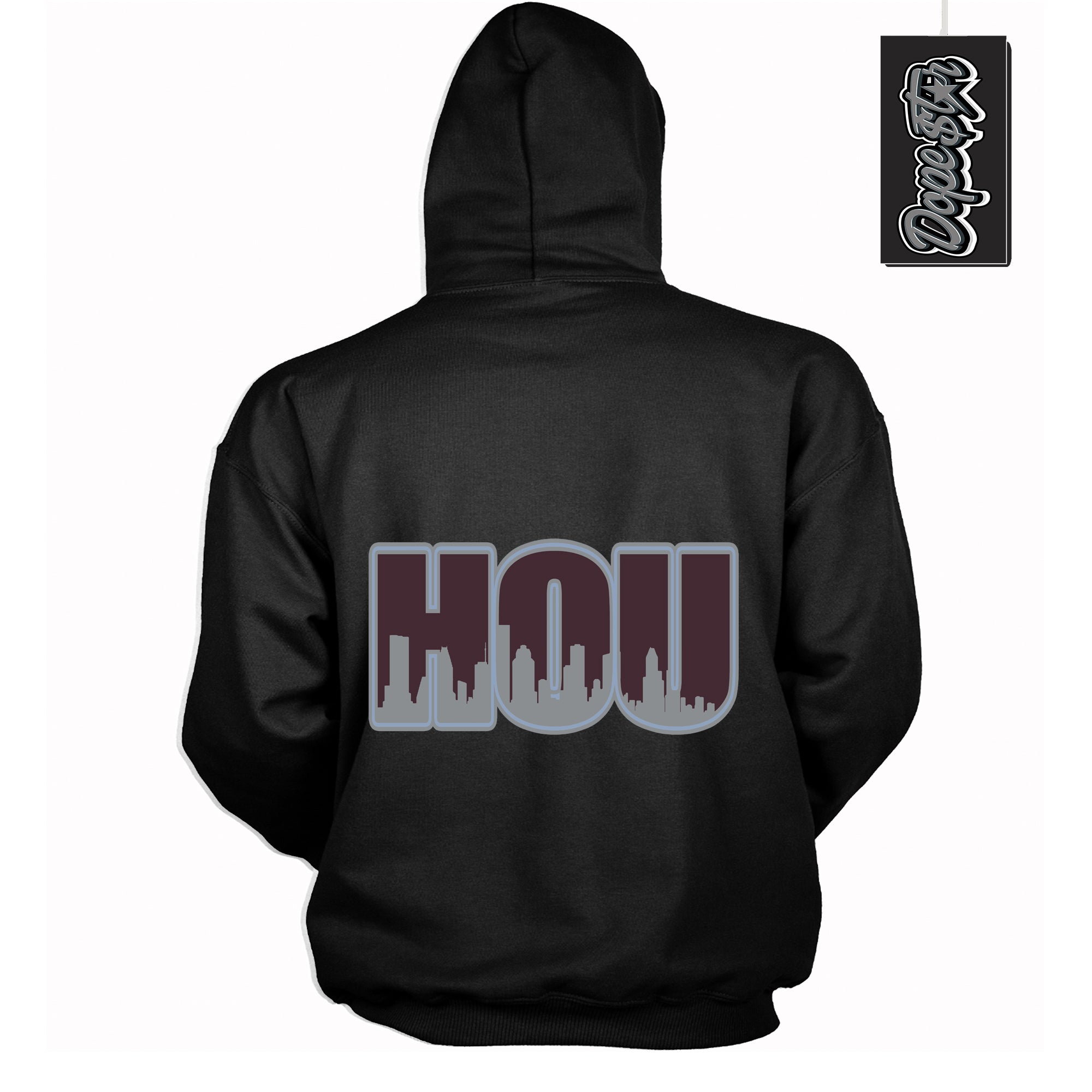 Cool Black Hoodie with “ Houston ”  design that Perfectly Matches Burgundy 5s Sneakers.