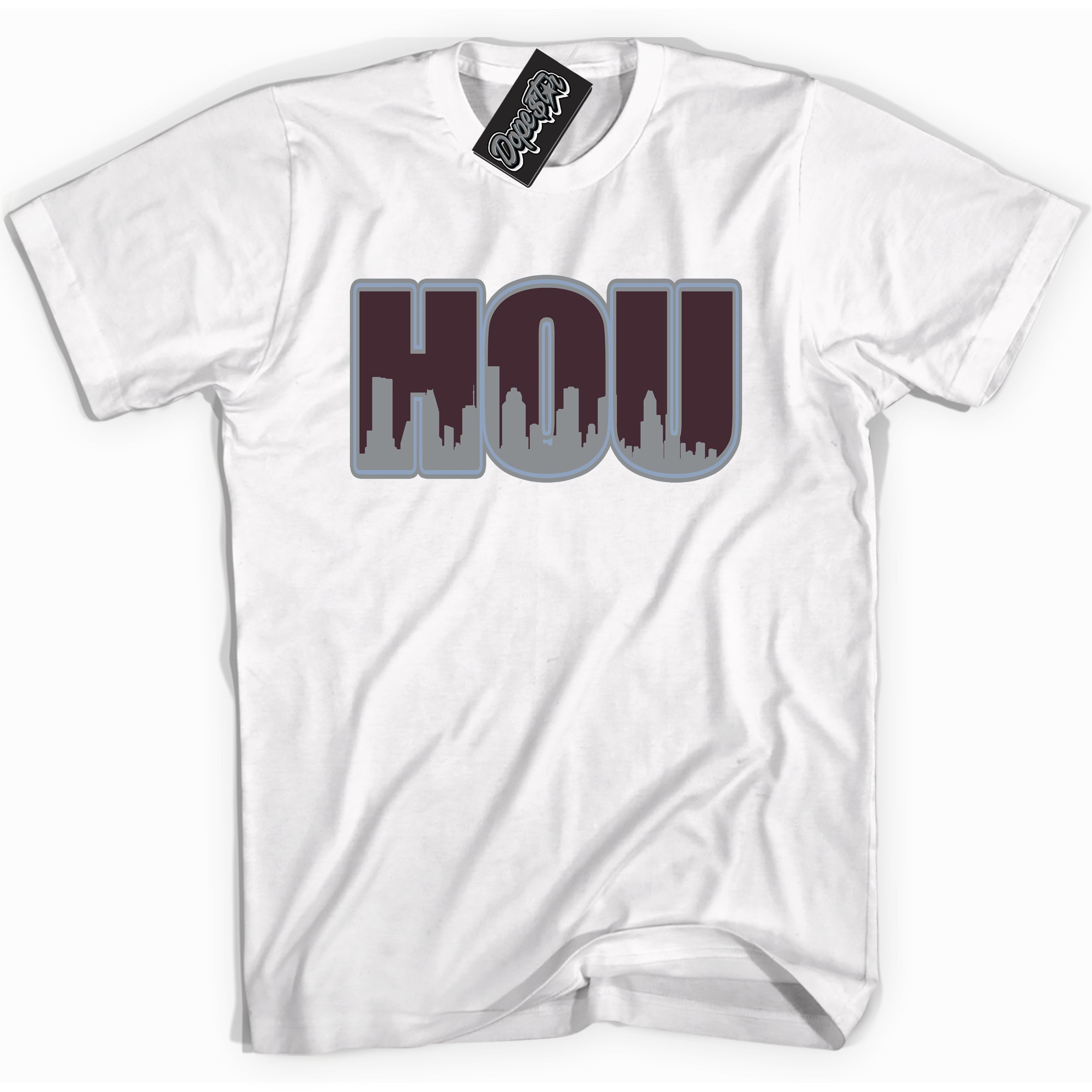 Cool White Shirt with “ Houston” design that perfectly matches Burgundy 5s Sneakers.