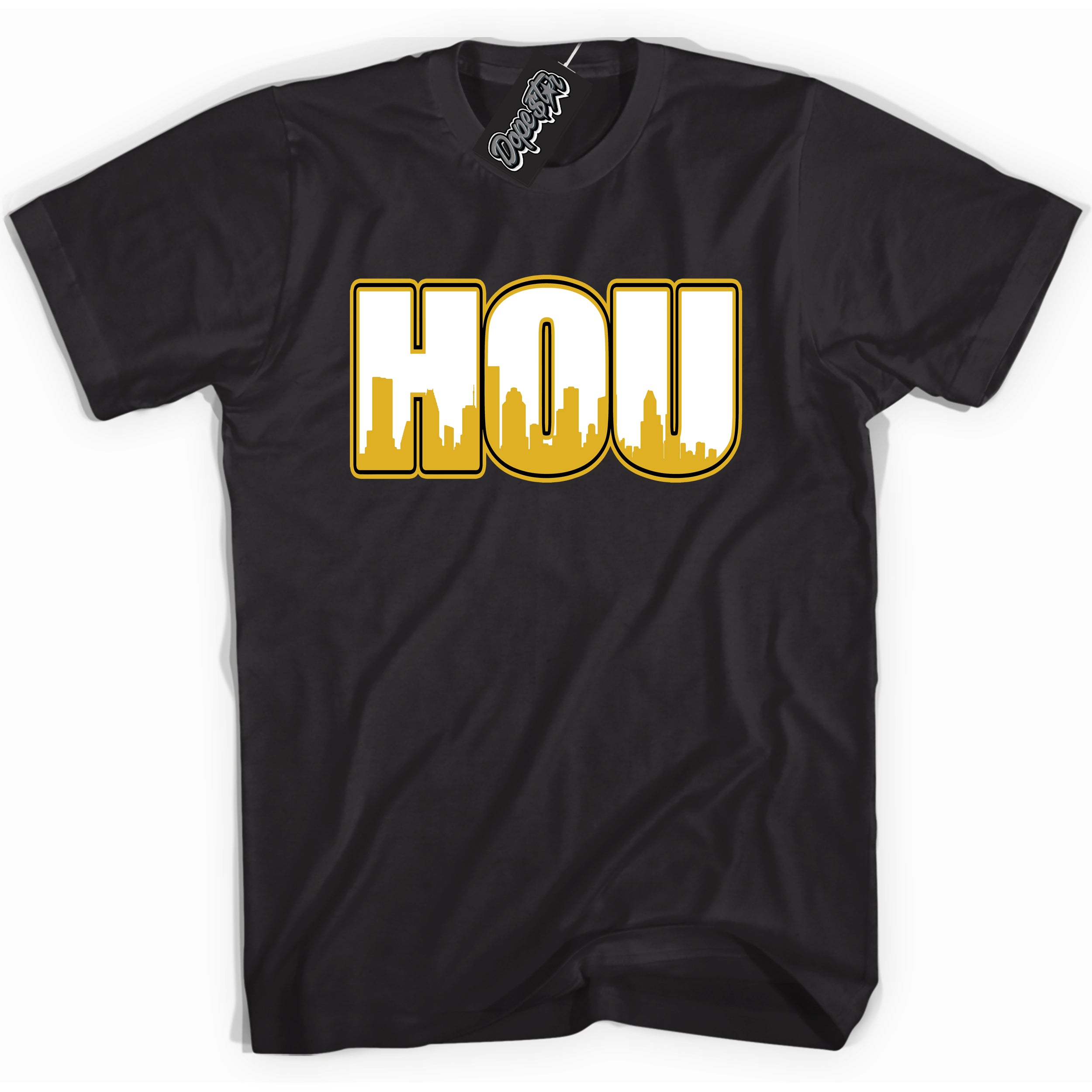 Cool Black Shirt With Houston design That Perfectly Matches AIR JORDAN 6 RETRO YELLOW OCHRE Sneakers.