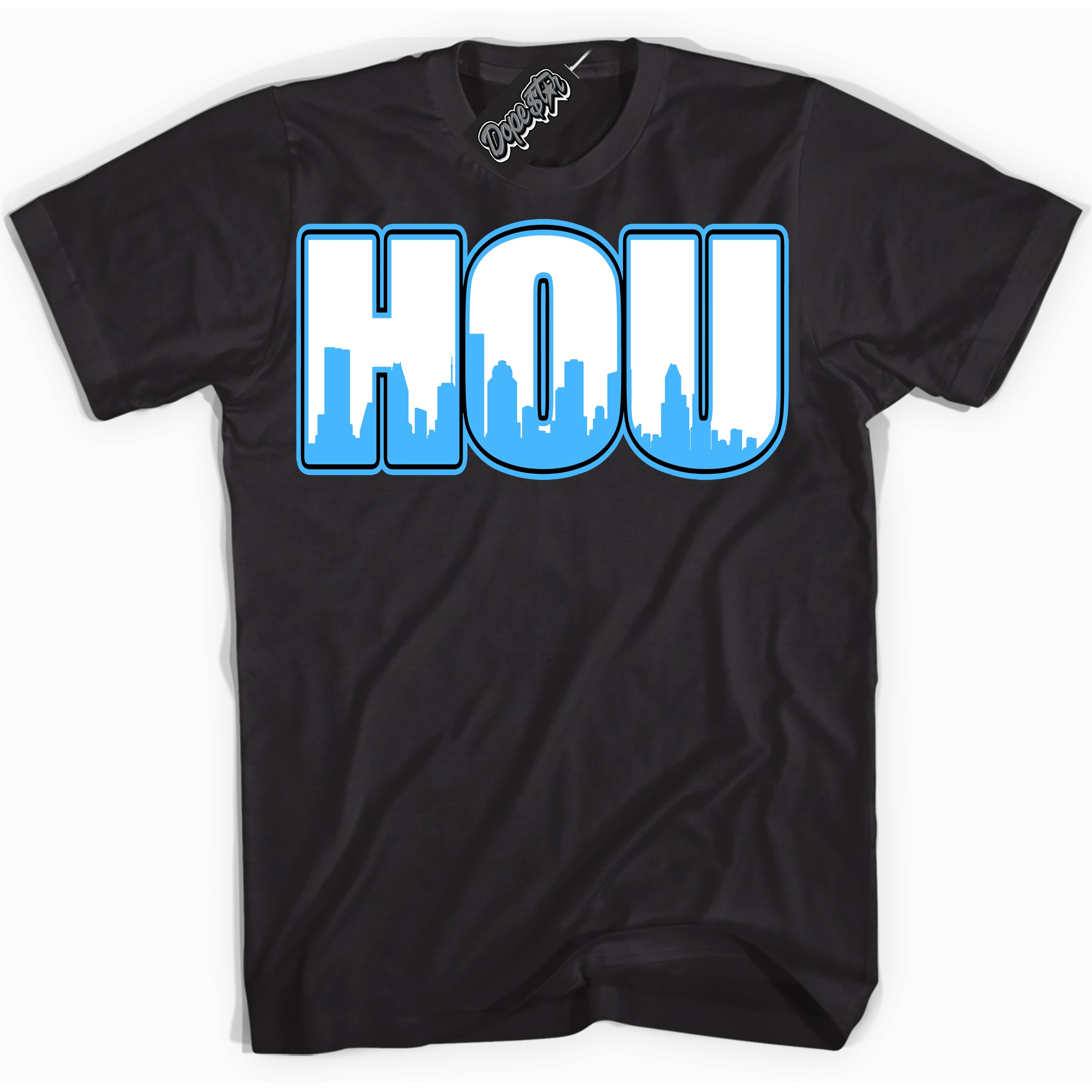 Cool Black graphic tee with “ Houston ” design, that perfectly matches Powder Blue 9s sneakers 