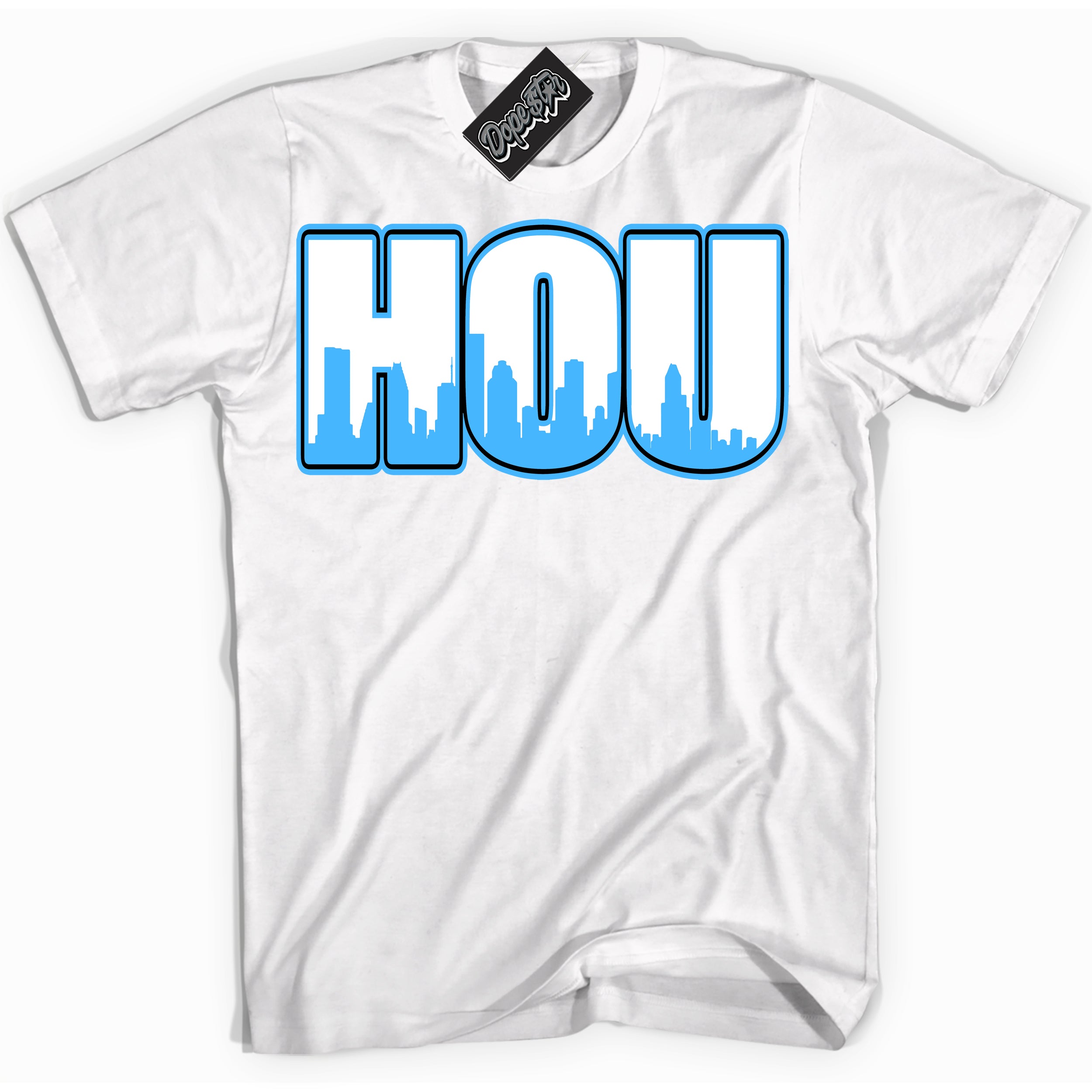 Cool White graphic tee with “ Houston ” design, that perfectly matches Powder Blue 9s sneakers 