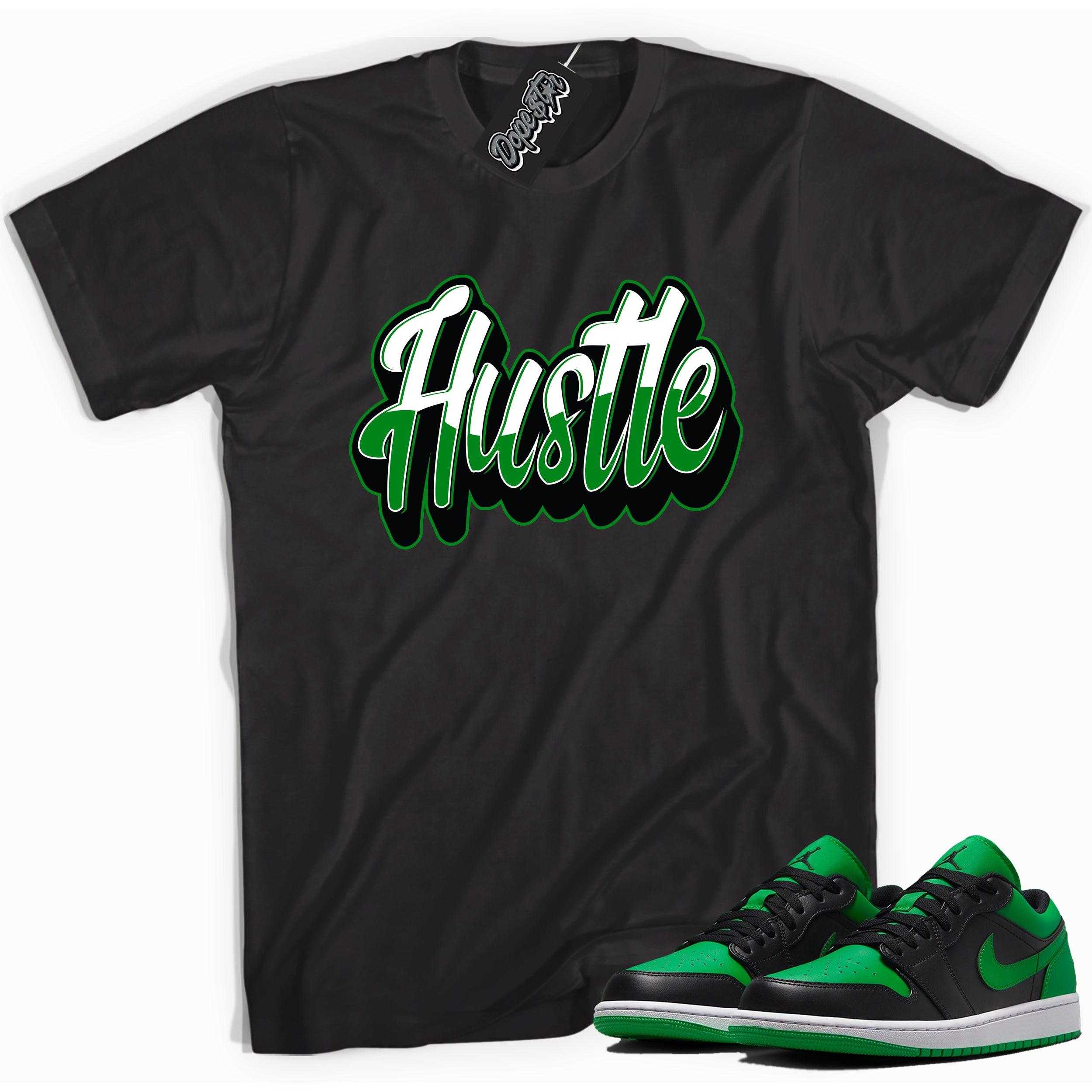Cool black graphic tee with 'Hustle' print, that perfectly matches Air Jordan 1 Low Lucky Green sneakers