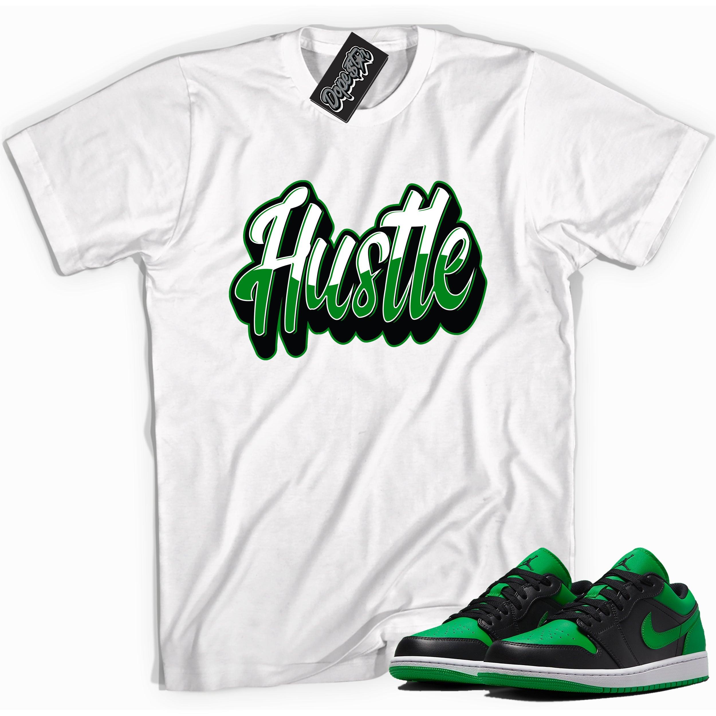 Cool white graphic tee with 'Hustle' print, that perfectly matches Air Jordan 1 Low Lucky Green sneakers