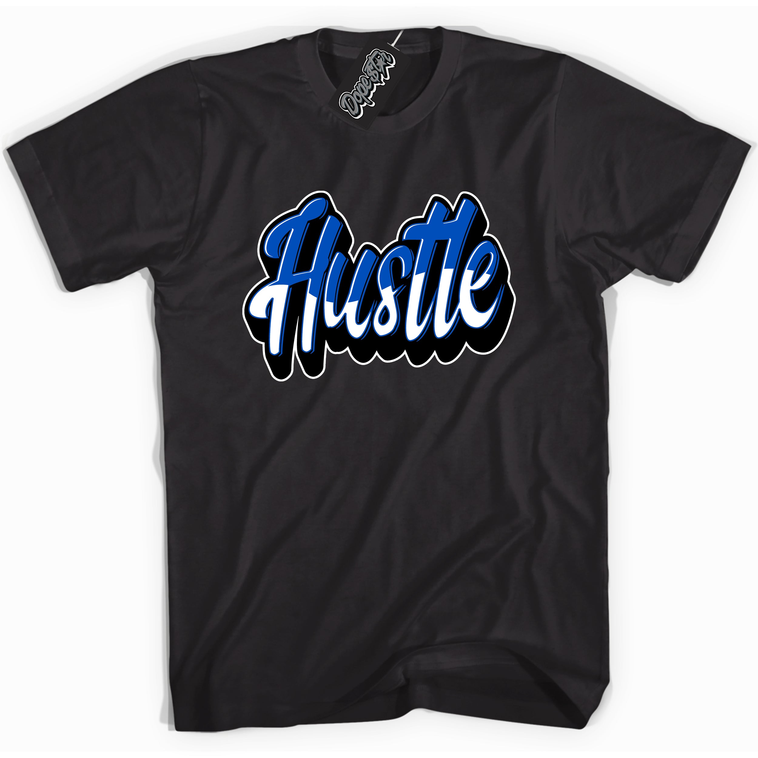 Cool Black graphic tee with "Hustle 2" design, that perfectly matches Royal Reimagined 1s sneakers 