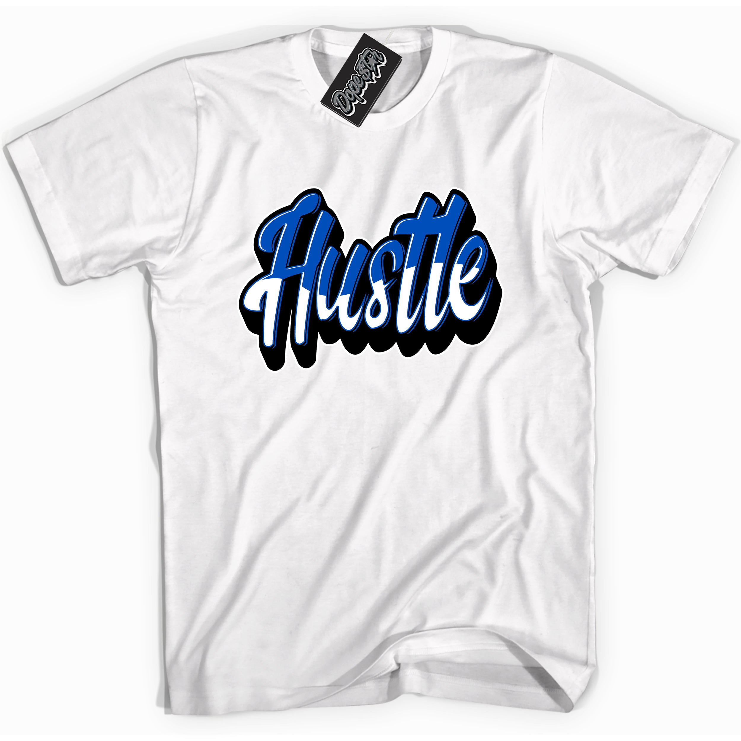 Cool White graphic tee with "Hustle 2" design, that perfectly matches Royal Reimagined 1s sneakers 
