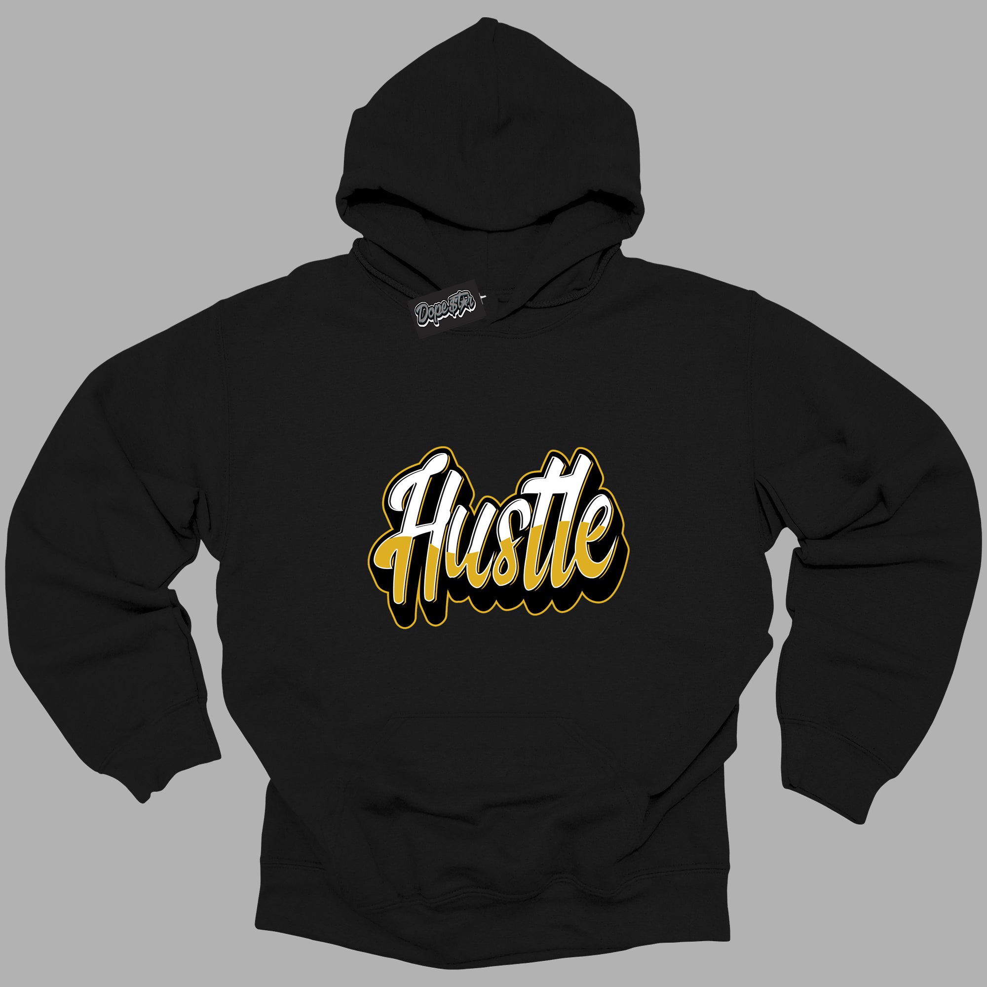 Cool Black Hoodie with “ Hustle ”  design that Perfectly Matches Yellow Ochre 6s Sneakers.