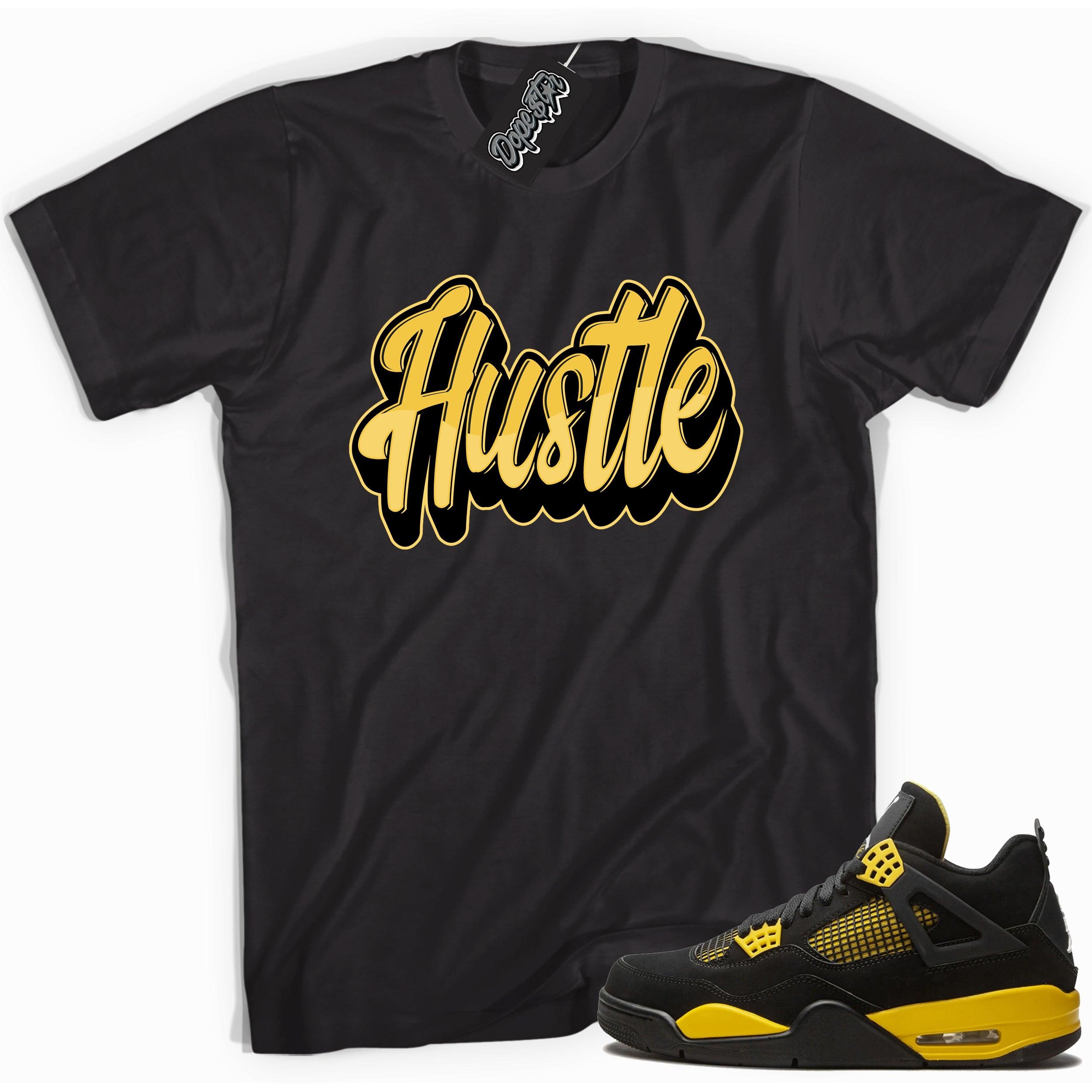 Cool black graphic tee with 'hustle' print, that perfectly matches  Air Jordan 4 Thunder sneakers