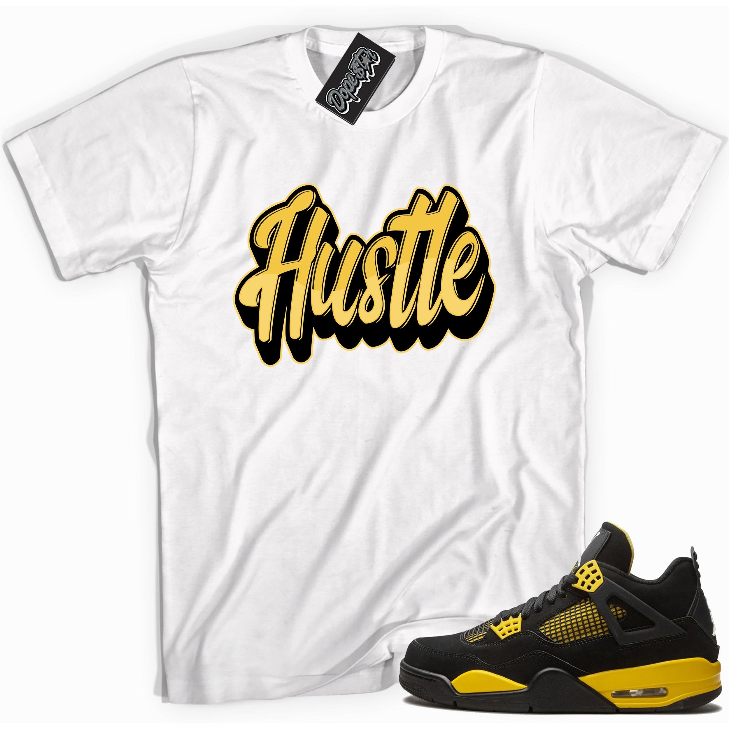 Cool white graphic tee with 'hustle' print, that perfectly matches Air Jordan 4 Thunder sneakers
