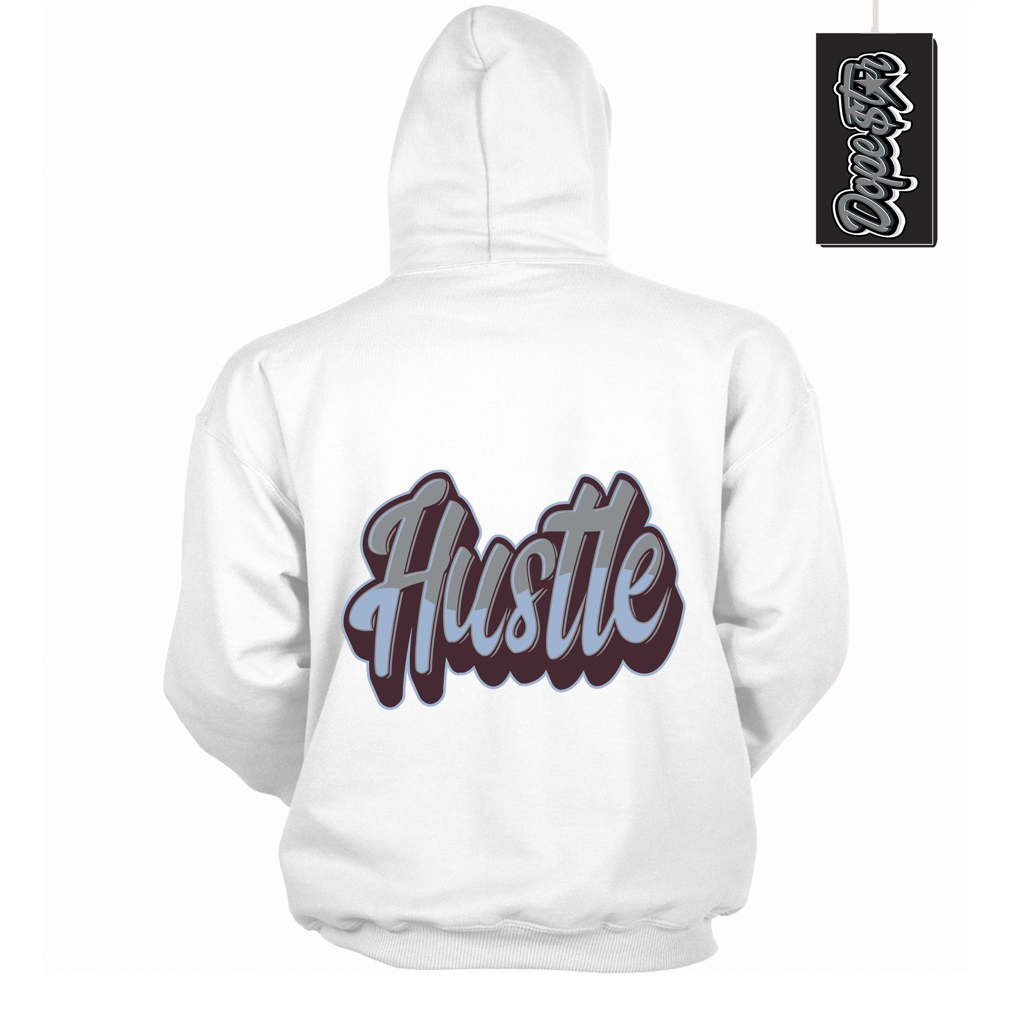 Cool White Hoodie with “ Hustle ”  design that Perfectly Matches Burgundy 5s Sneakers.