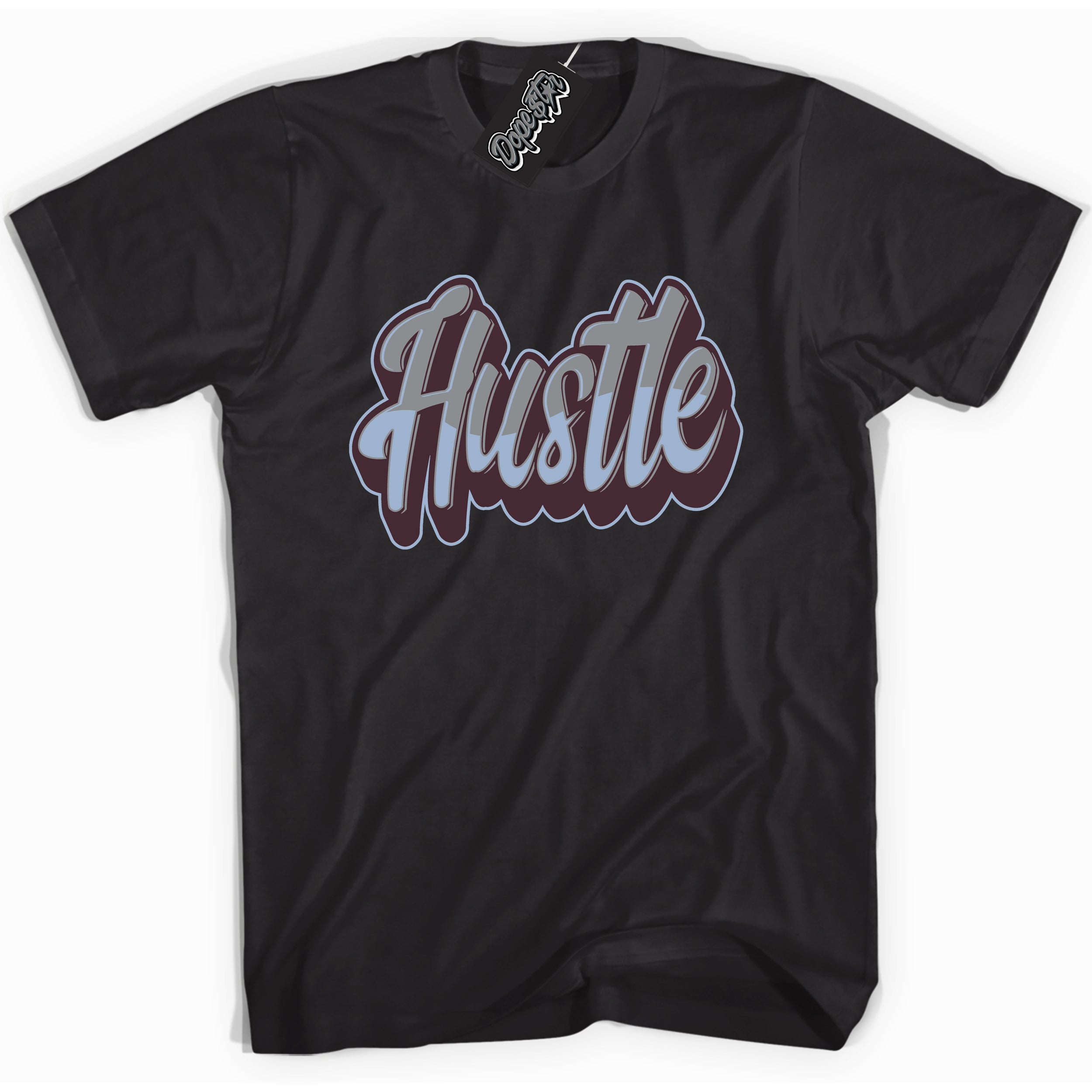 Cool Black Shirt with “ Hustle” design that perfectly matches Burgundy 5s Sneakers.