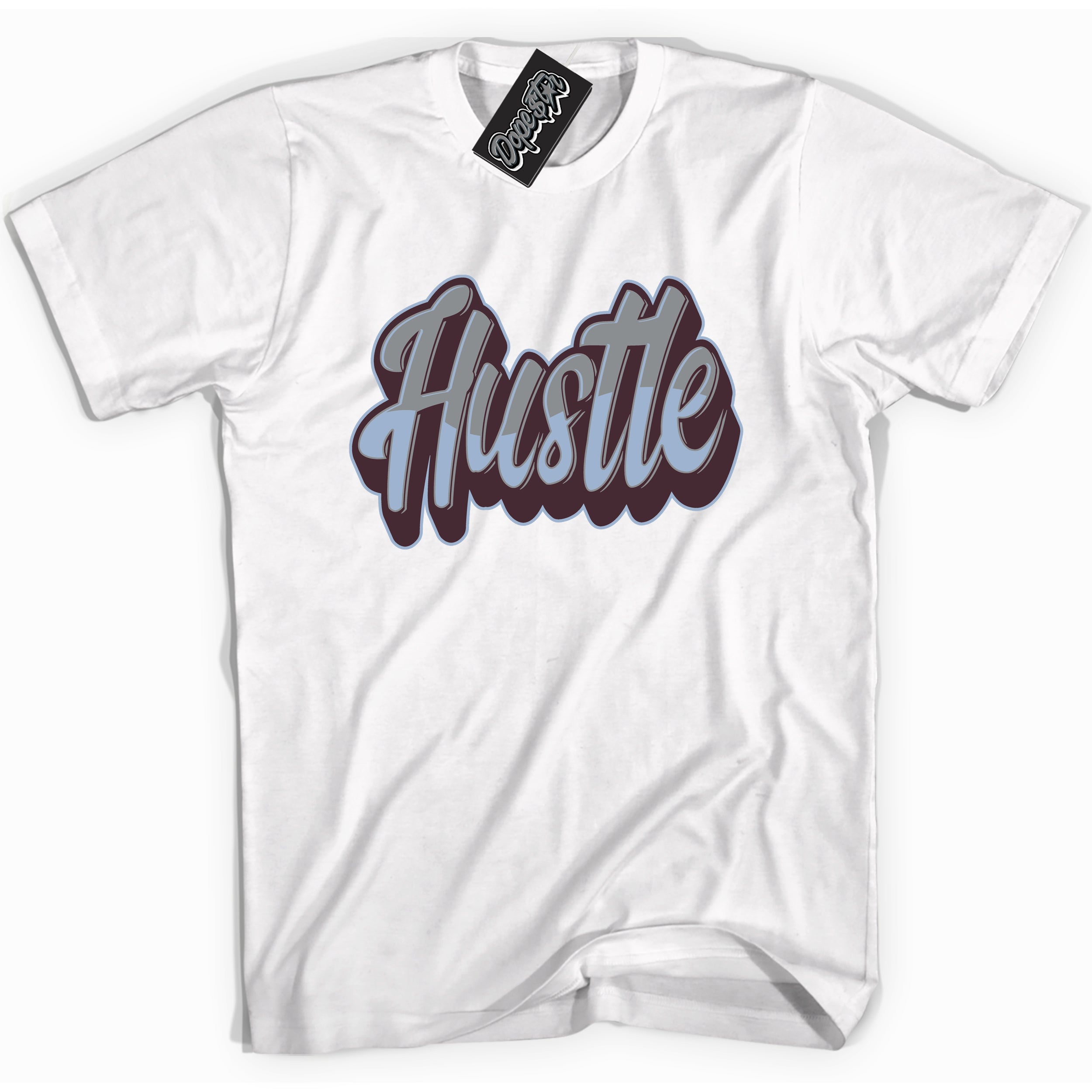 Cool White Shirt with “ Hustle” design that perfectly matches Burgundy 5s Sneakers.