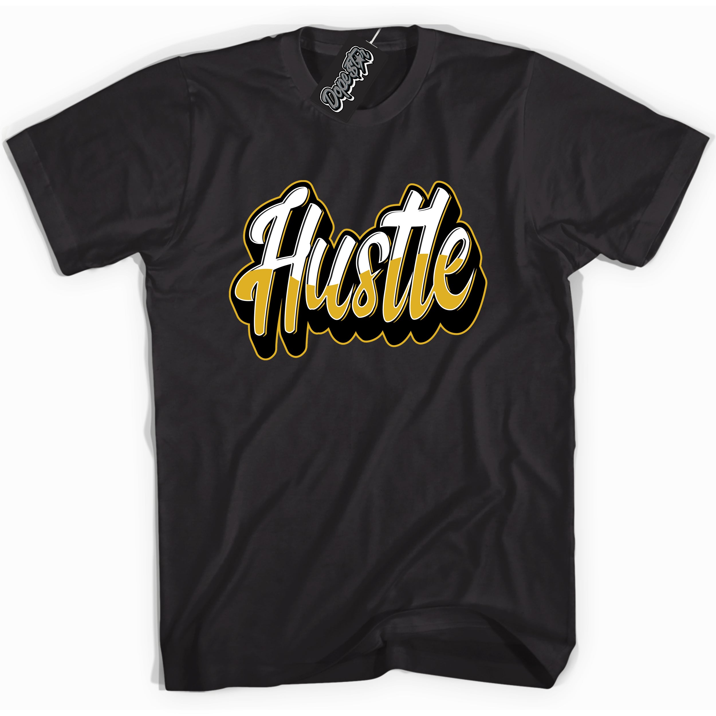 Cool Black Shirt with “ Hustle ” design that perfectly matches Yellow Ochre 6s Sneakers.