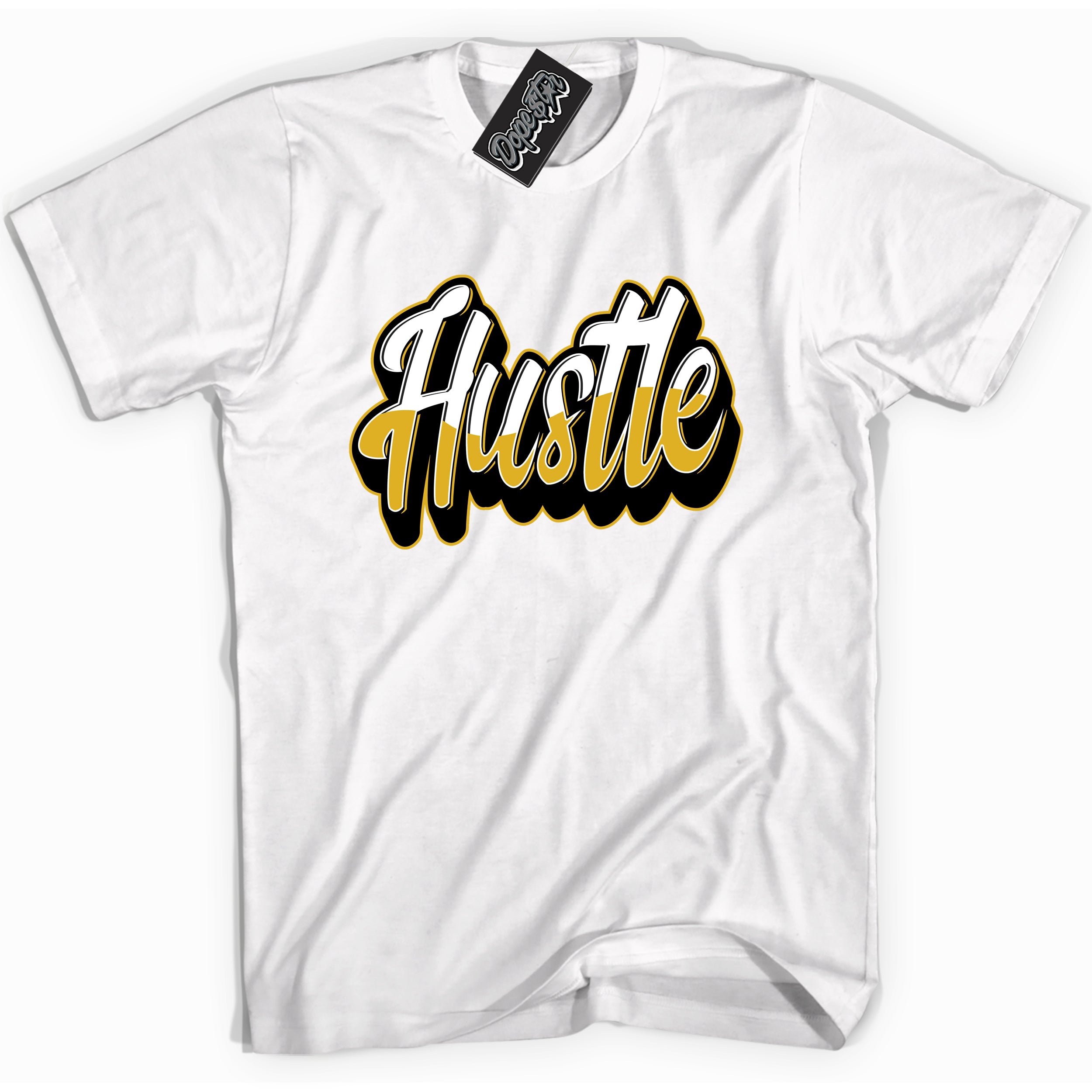 Cool White Shirt with “ Hustle” design that perfectly matches Yellow Ochre 6s Sneakers.