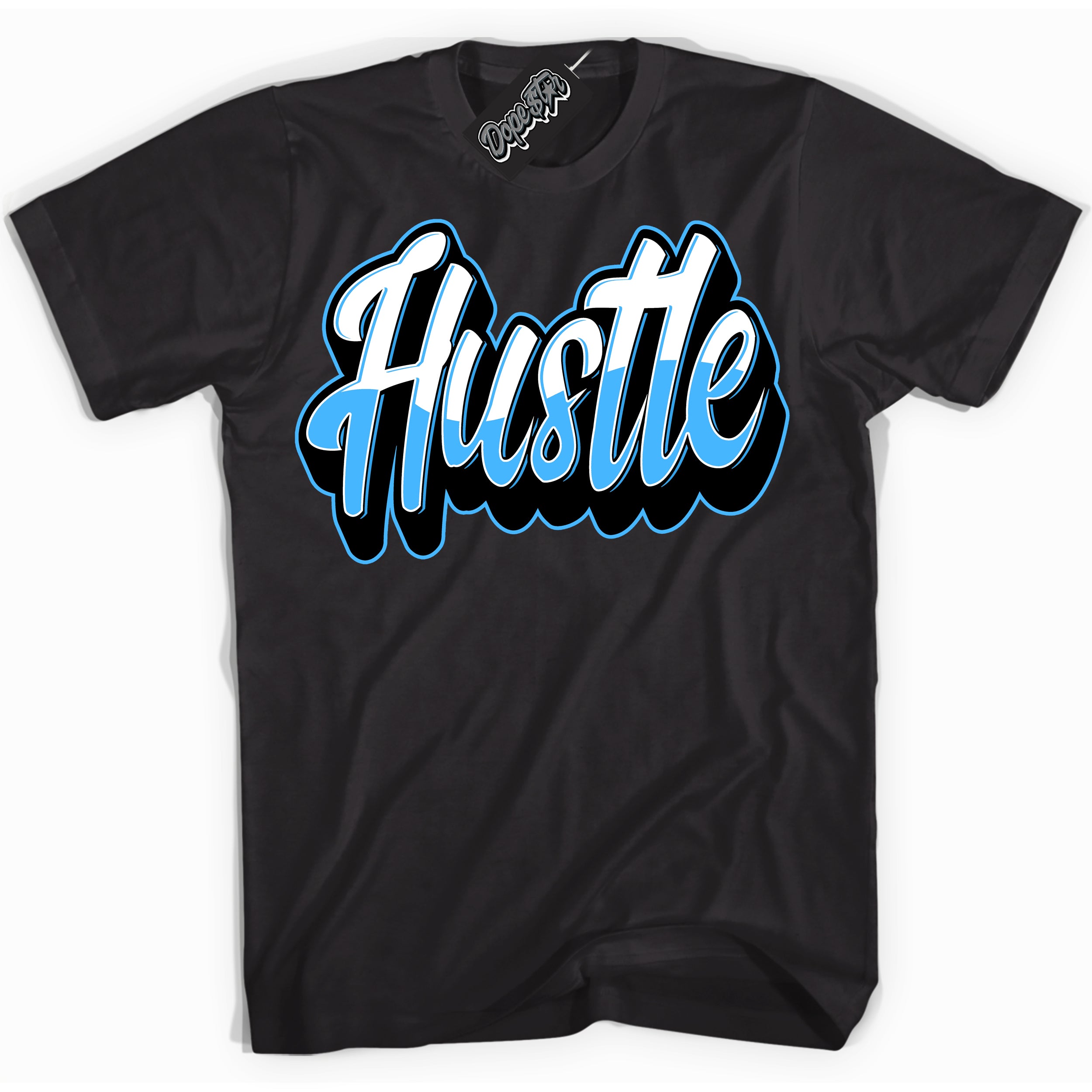 Cool Black graphic tee with “ Hustle 2 ” design, that perfectly matches Powder Blue 9s sneakers 