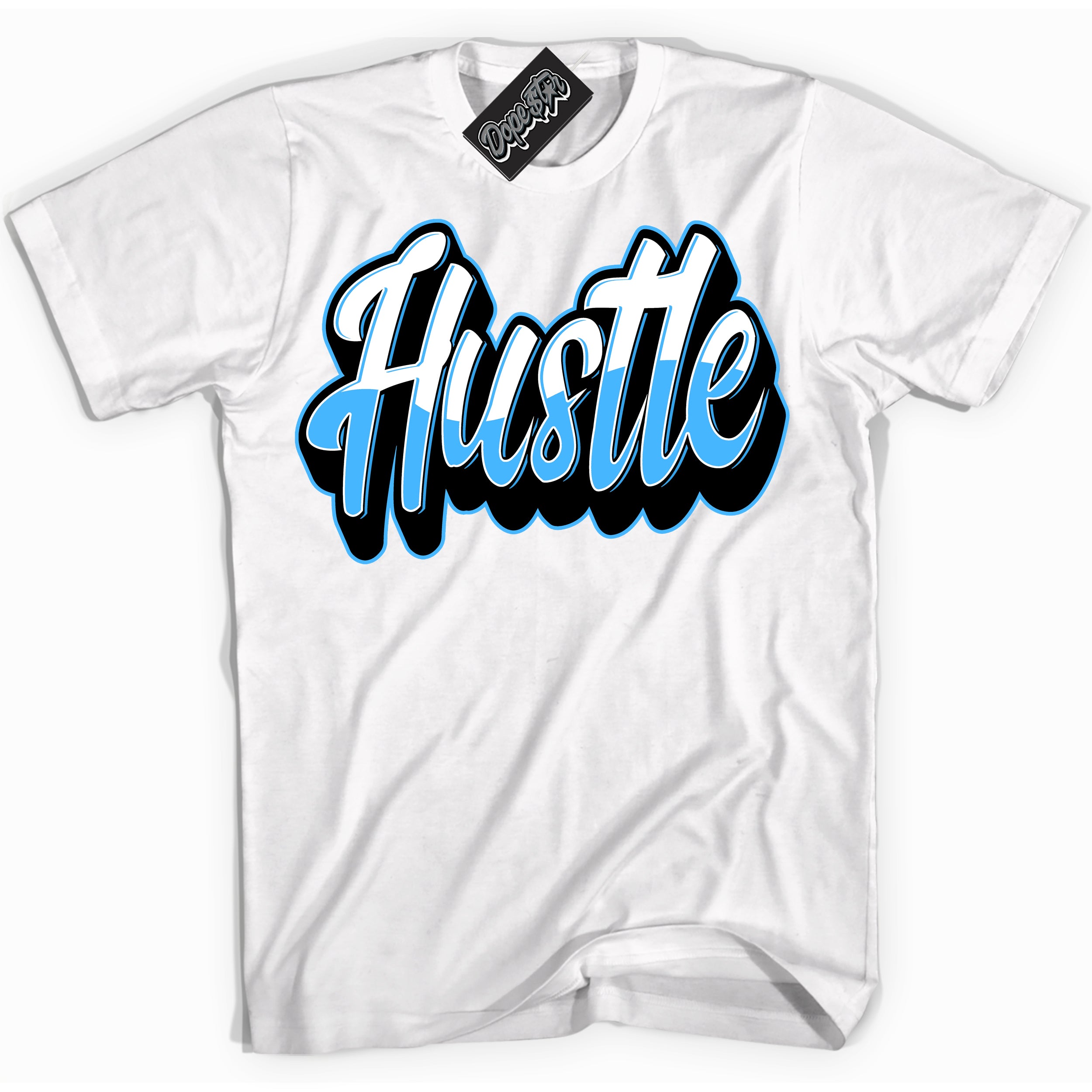 Cool White graphic tee with “ Hustle 2 ” design, that perfectly matches Powder Blue 9s sneakers 