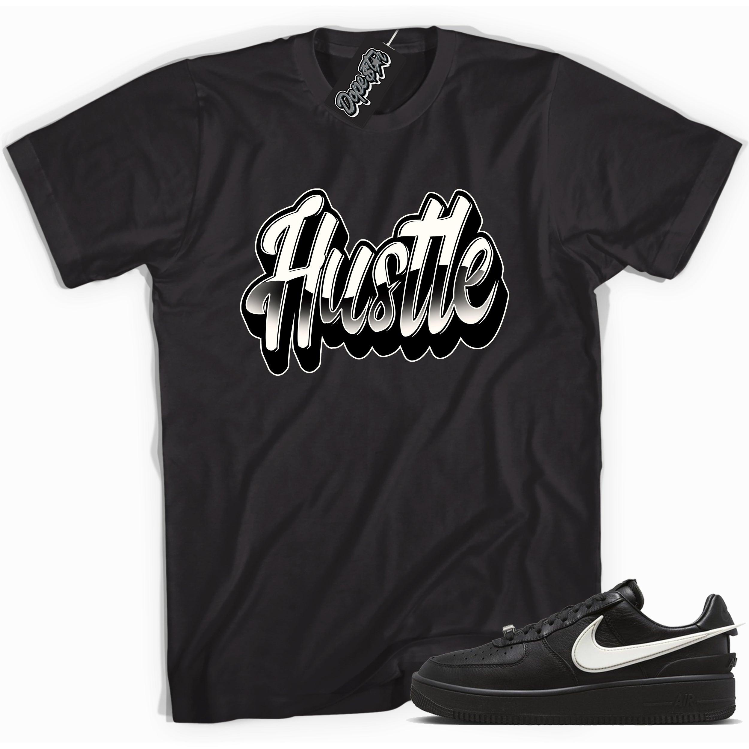 Cool black graphic tee with 'hustle' print, that perfectly matches Nike Air Force 1 Low Ambush Phantom Blacksneakers