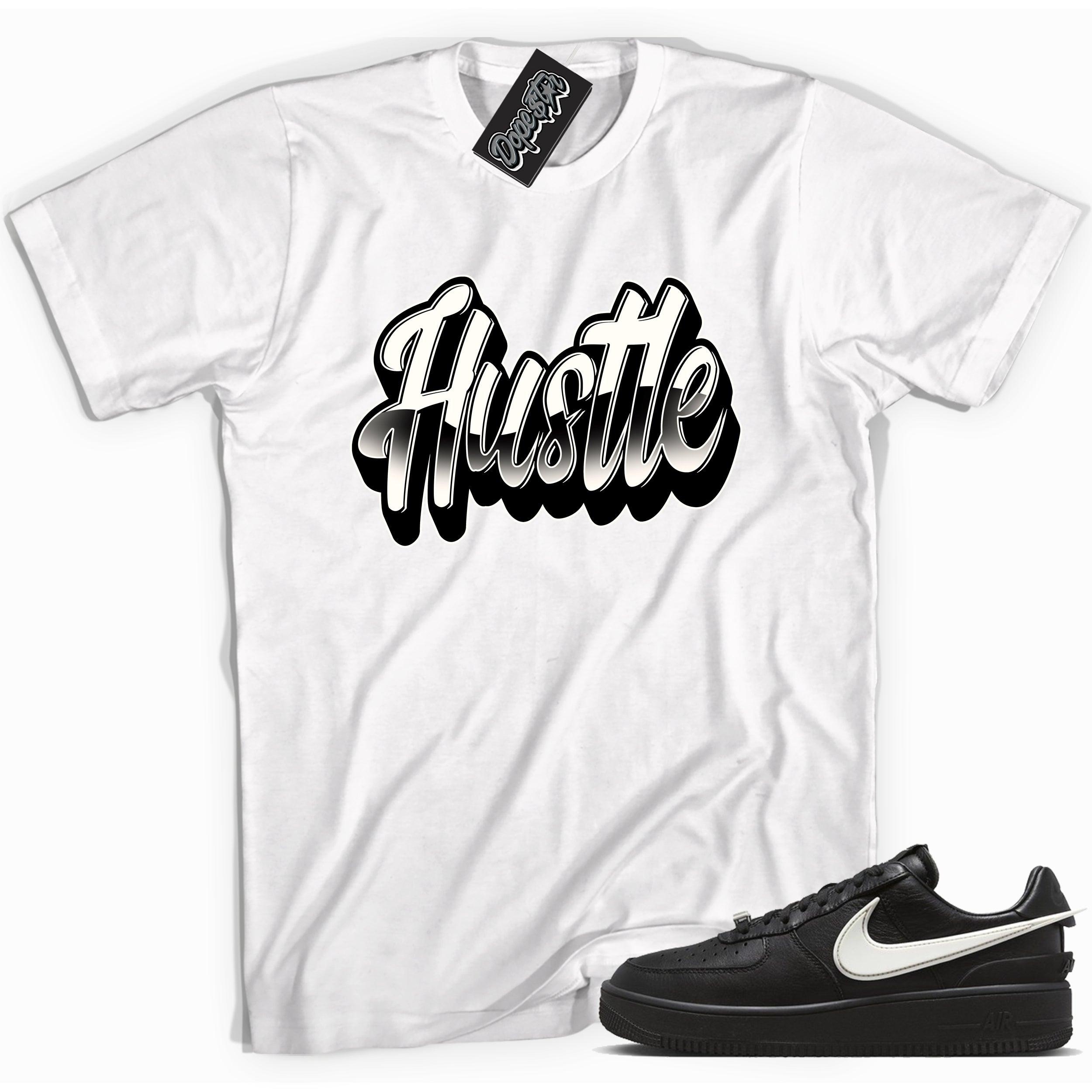 Cool white graphic tee with 'hustle' print, that perfectly matches Nike Air Force 1 Low Ambush Phantom Blacksneakers