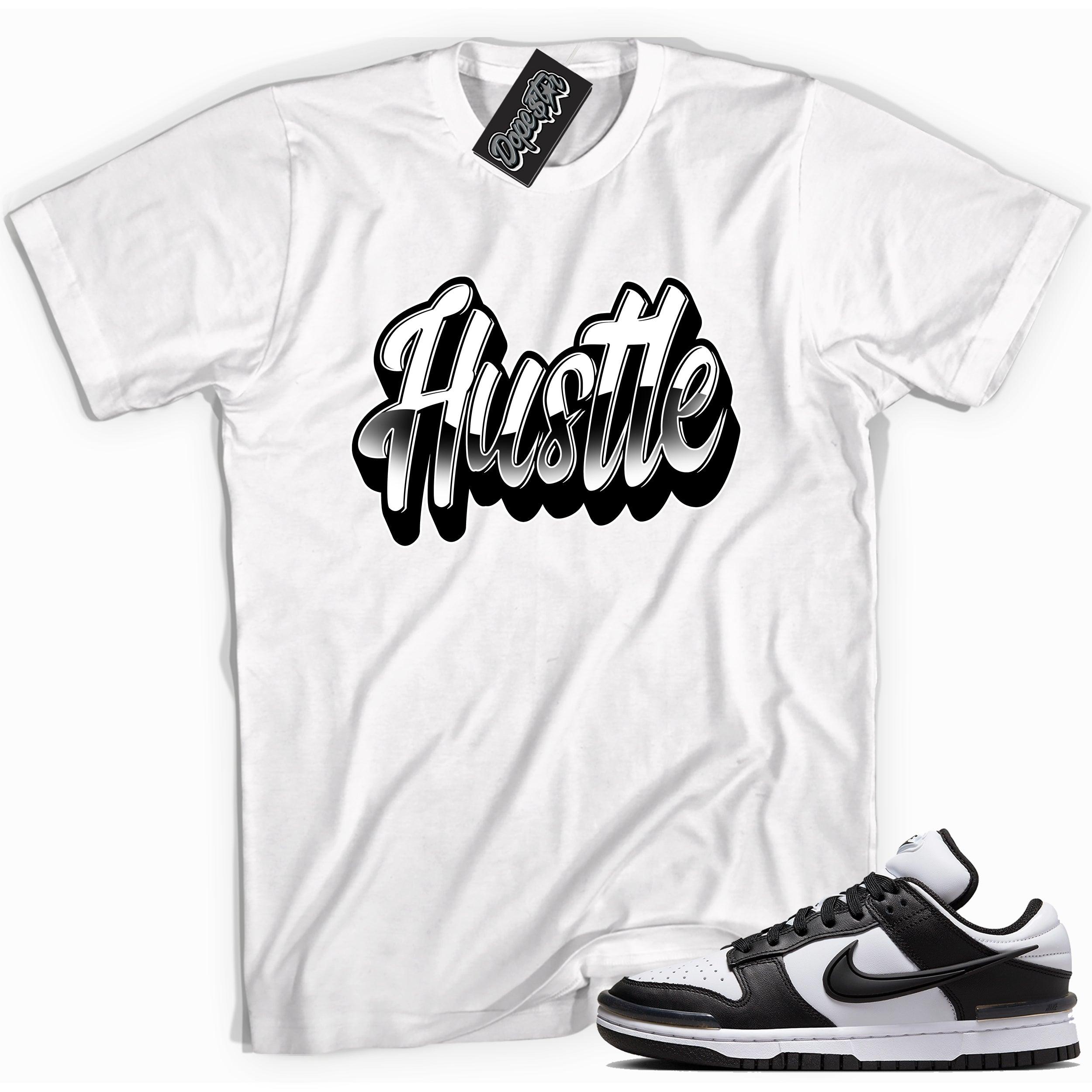 Cool white graphic tee with 'hustle' print, that perfectly matches Nike Dunk Low Twist Panda sneakers.