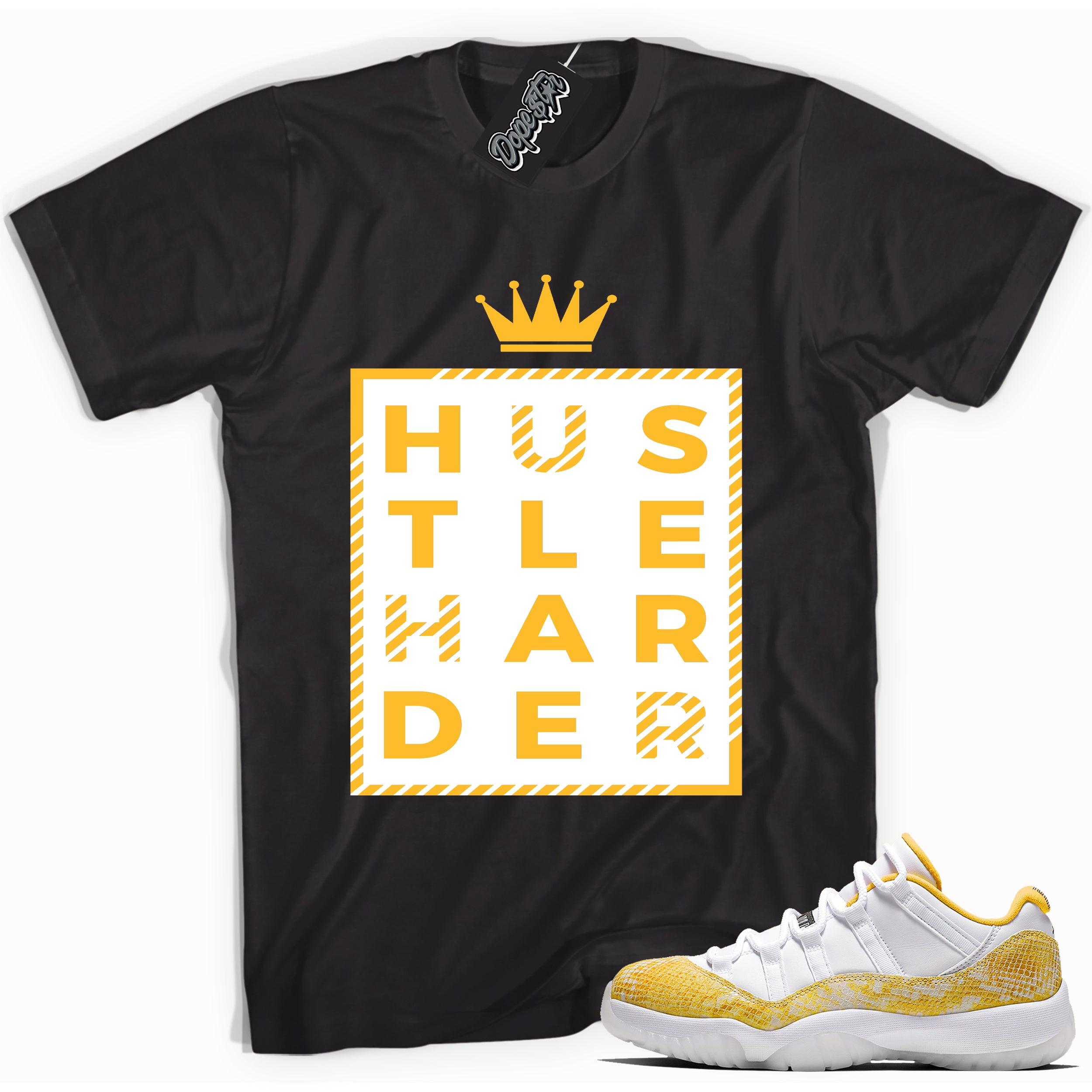 Cool black graphic tee with 'hustle harder' print, that perfectly matches  Air Jordan 11 Low Yellow Snakeskin sneakers