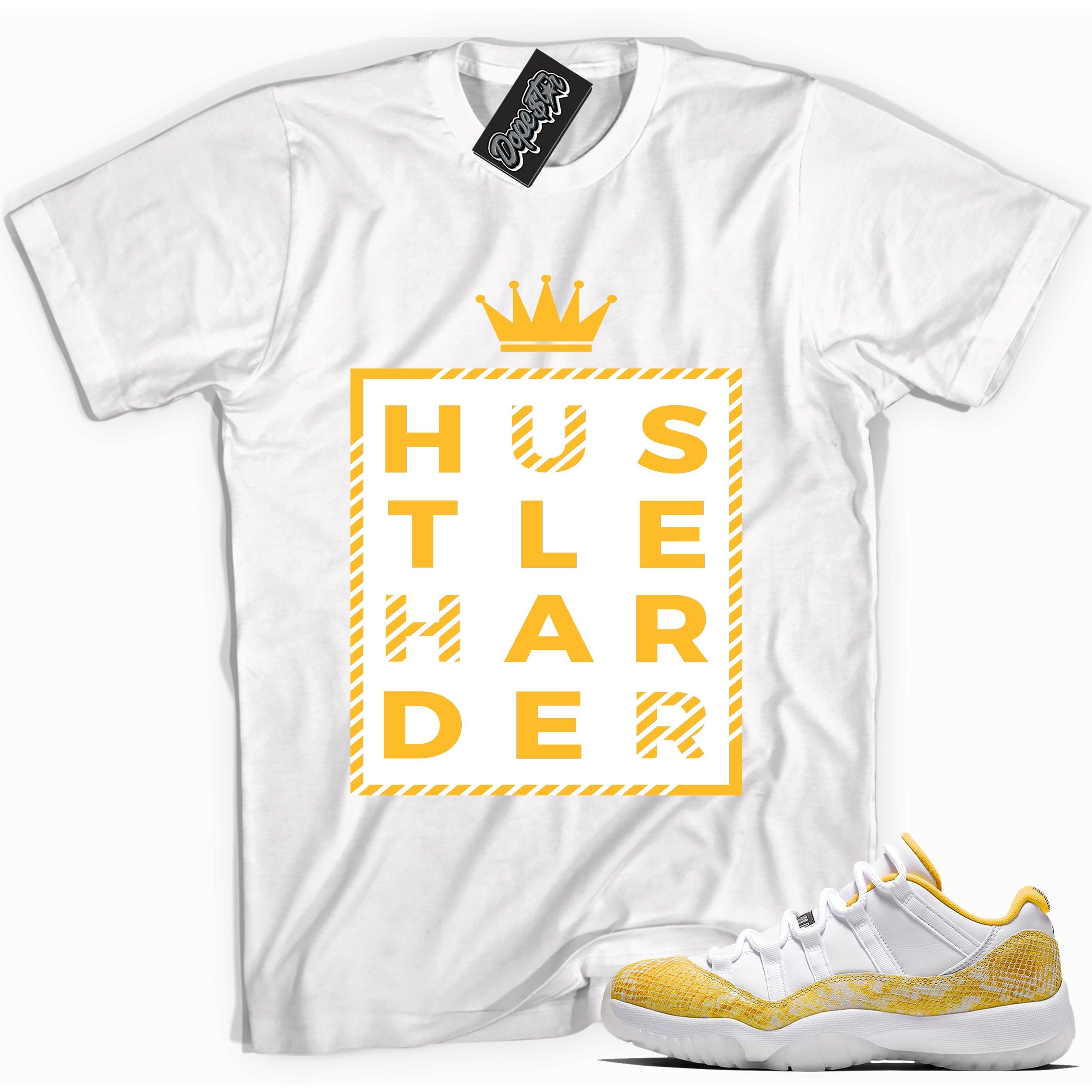 Cool white graphic tee with 'hustle harder' print, that perfectly matches Air Jordan 11 Low Yellow Snakeskin sneakers