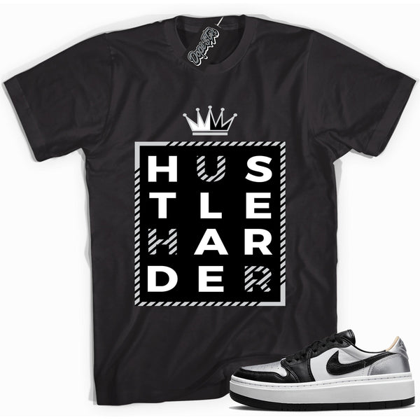 Cool black graphic tee with 'hustle harder' print, that perfectly matches Air Jordan 1 Elevate Low SE Silver Toe sneakers.
