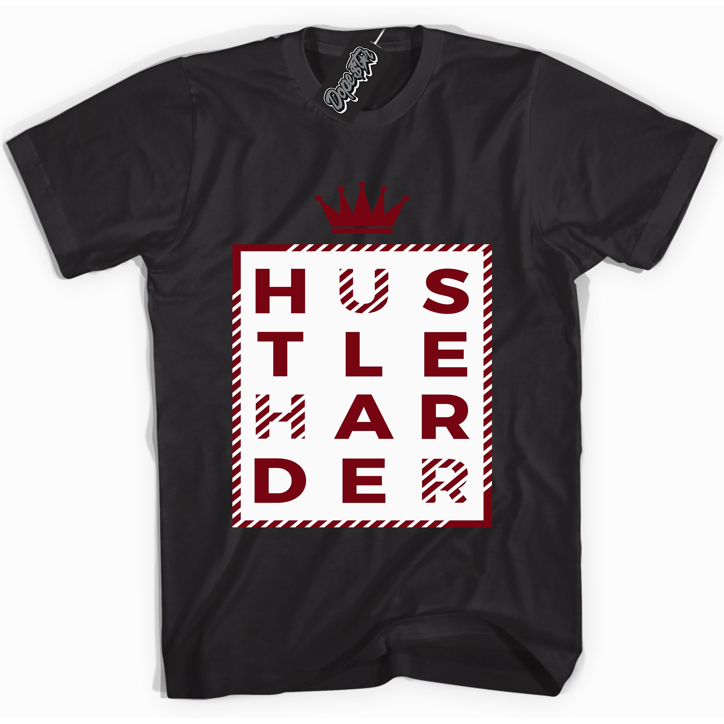 Cool Black graphic tee with “ Hustle Harder ” print, that perfectly matches OG Metallic Burgundy 1s sneakers 