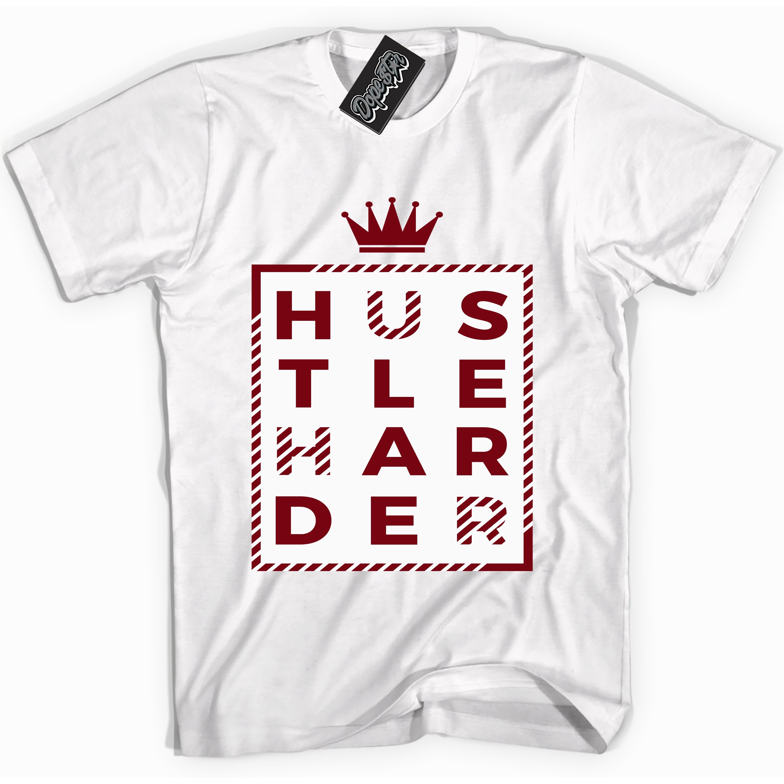 Cool White graphic tee with “ Hustle Harder ” print, that perfectly matches OG Metallic Burgundy 1s sneakers 