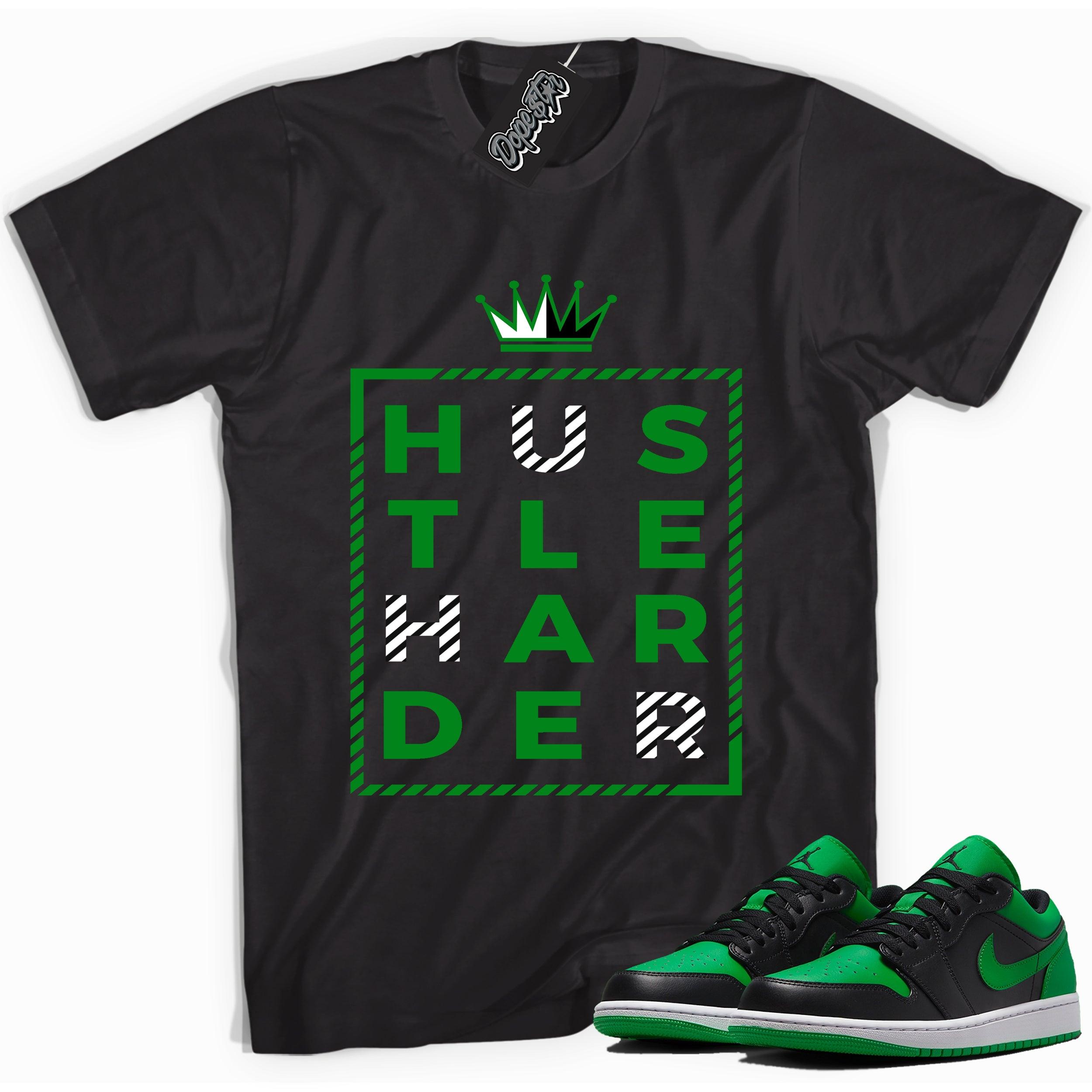 Cool black graphic tee with 'Hustle Harder' print, that perfectly matches Air Jordan 1 Low Lucky Green sneakers