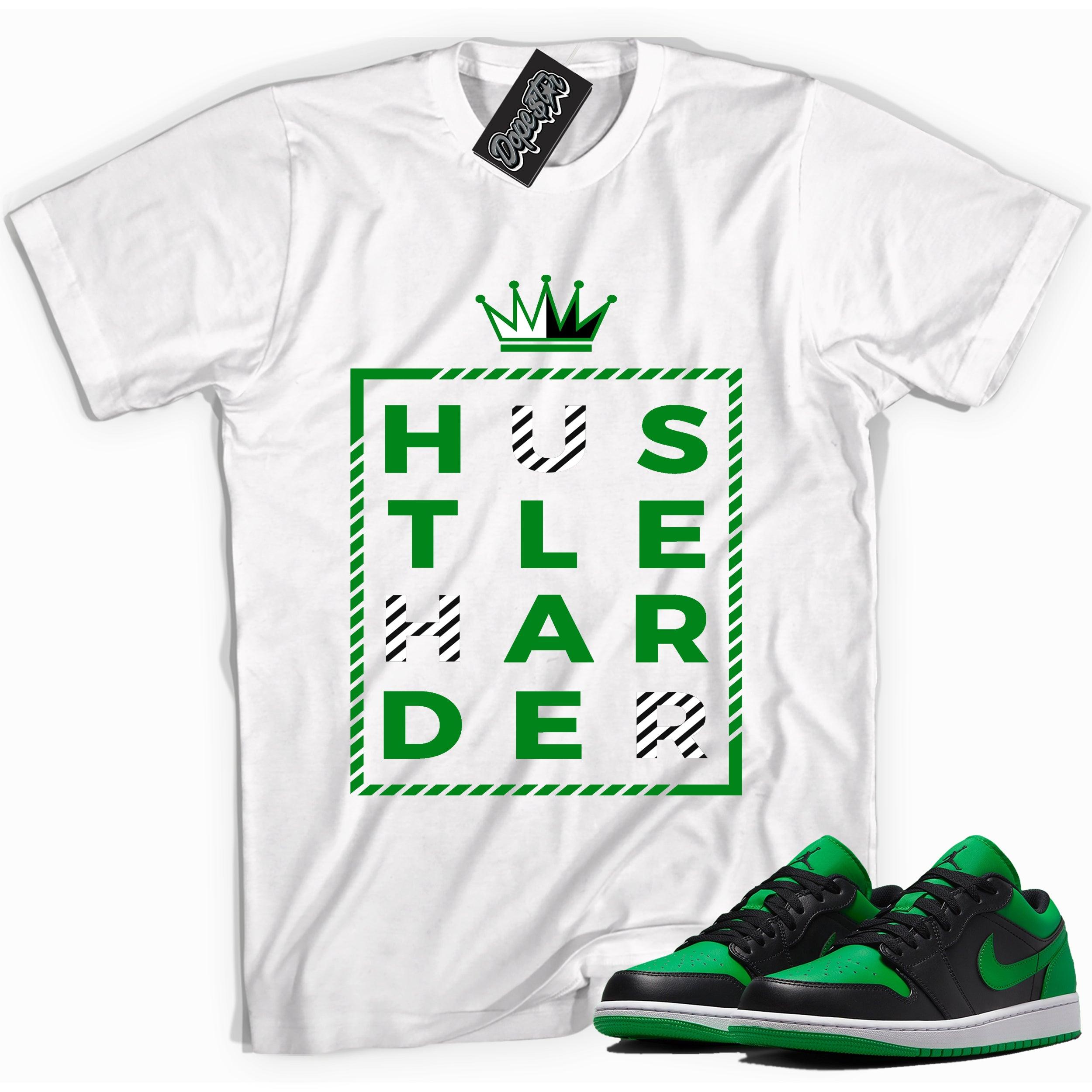 Cool white graphic tee with 'Hustle Harder' print, that perfectly matches Air Jordan 1 Low Lucky Green sneakers