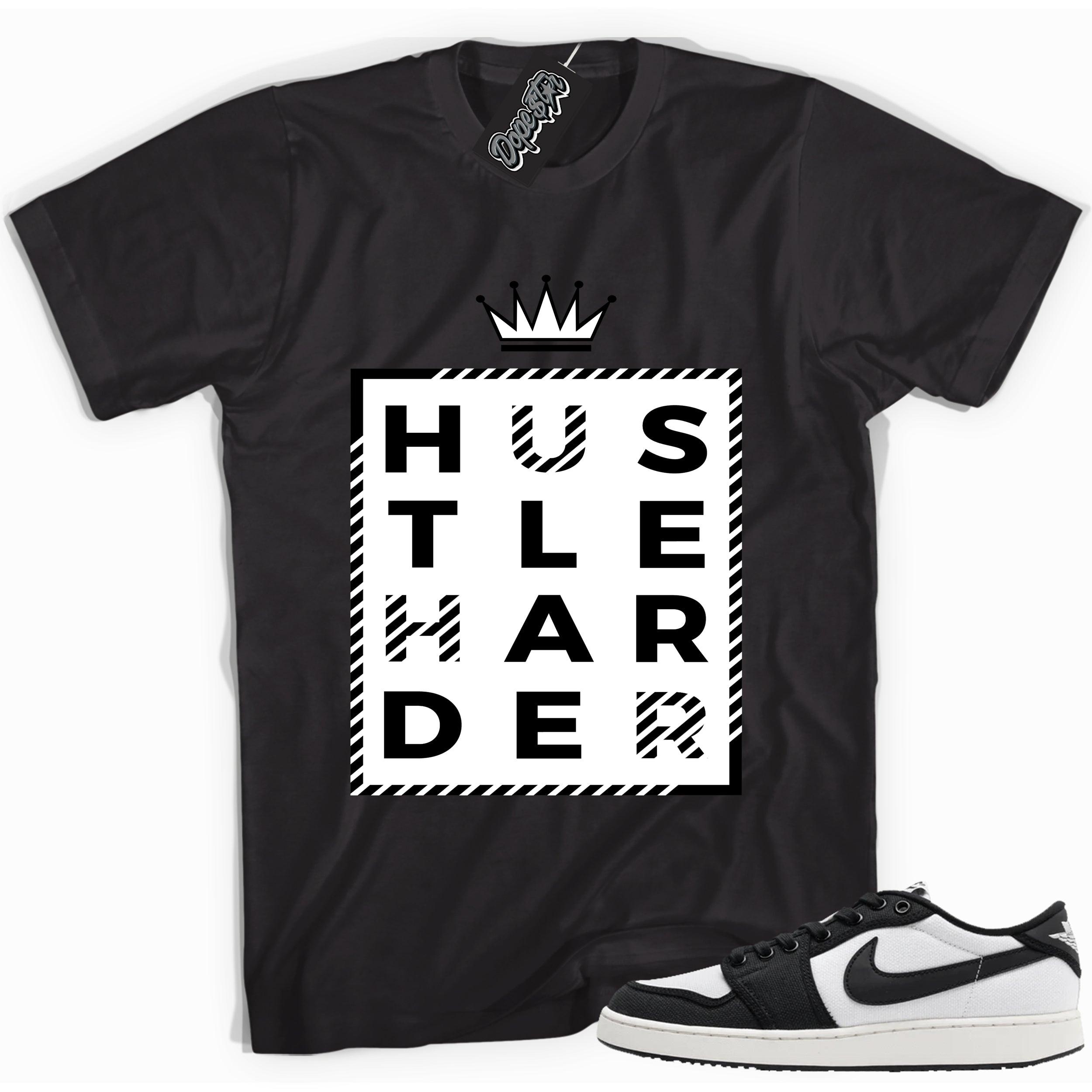 Cool black graphic tee with 'hustle harder' print, that perfectly matches Air Jordan 1 Retro Ajko Low Black & White sneakers.