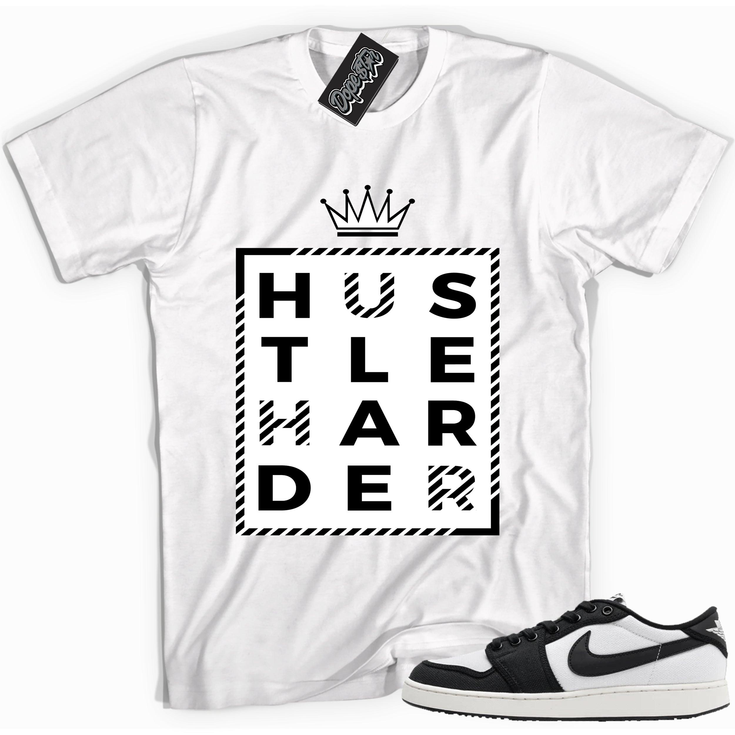 Cool white graphic tee with 'hustle harder' print, that perfectly matches Air Jordan 1 Retro Ajko Low Black & White sneakers.