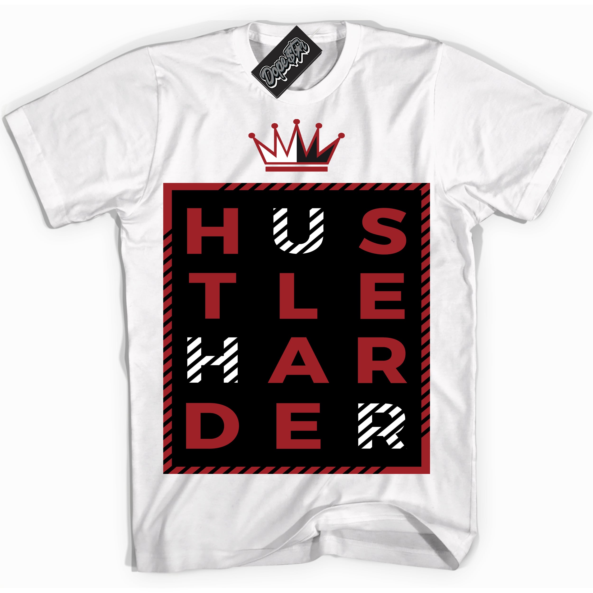 Cool White graphic tee with “ Hustle Harder ” print, that perfectly matches Lost And Found 1s sneakers 