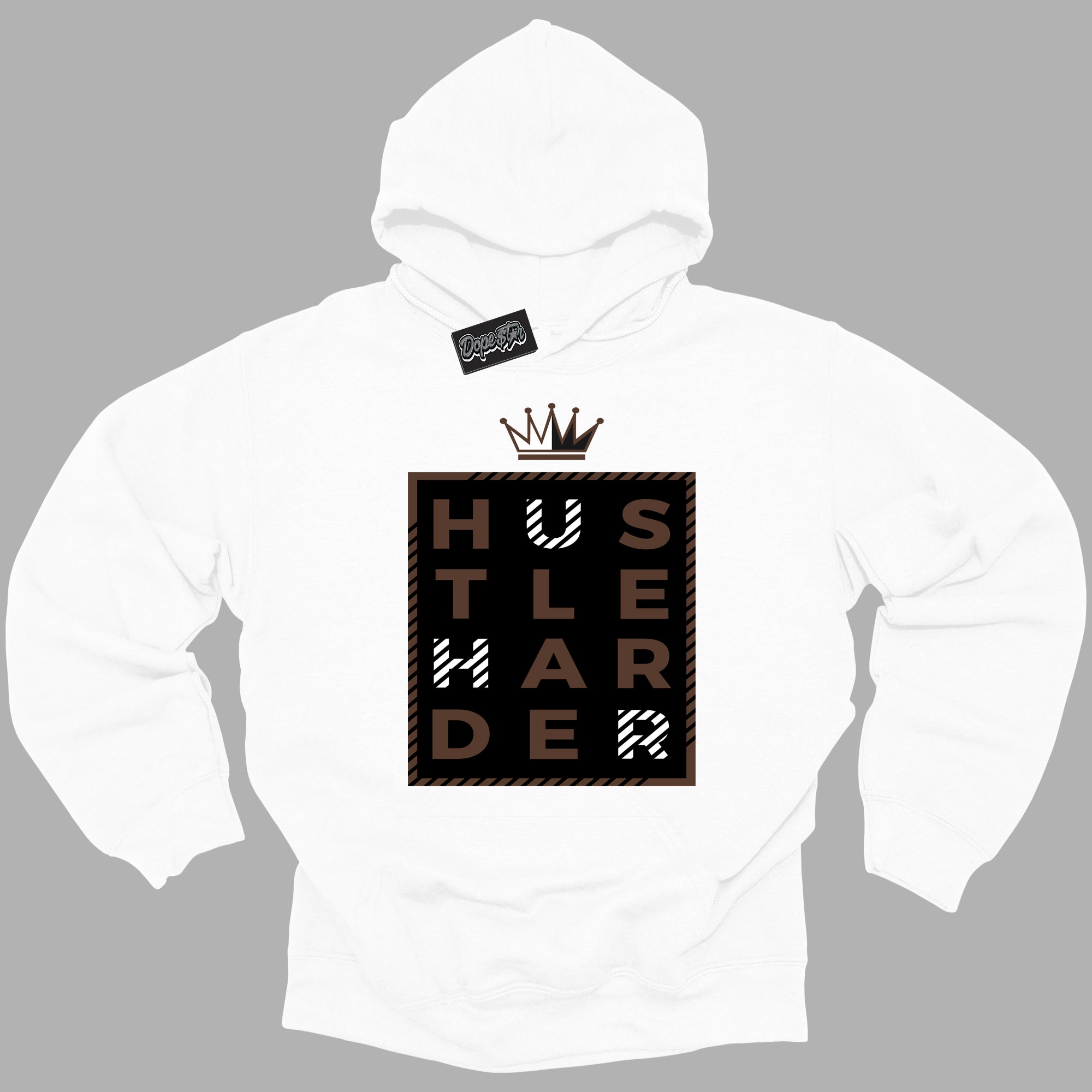 Cool White Graphic DopeStar Hoodie with “ Hustle Harder “ print, that perfectly matches Palomino 1s sneakers