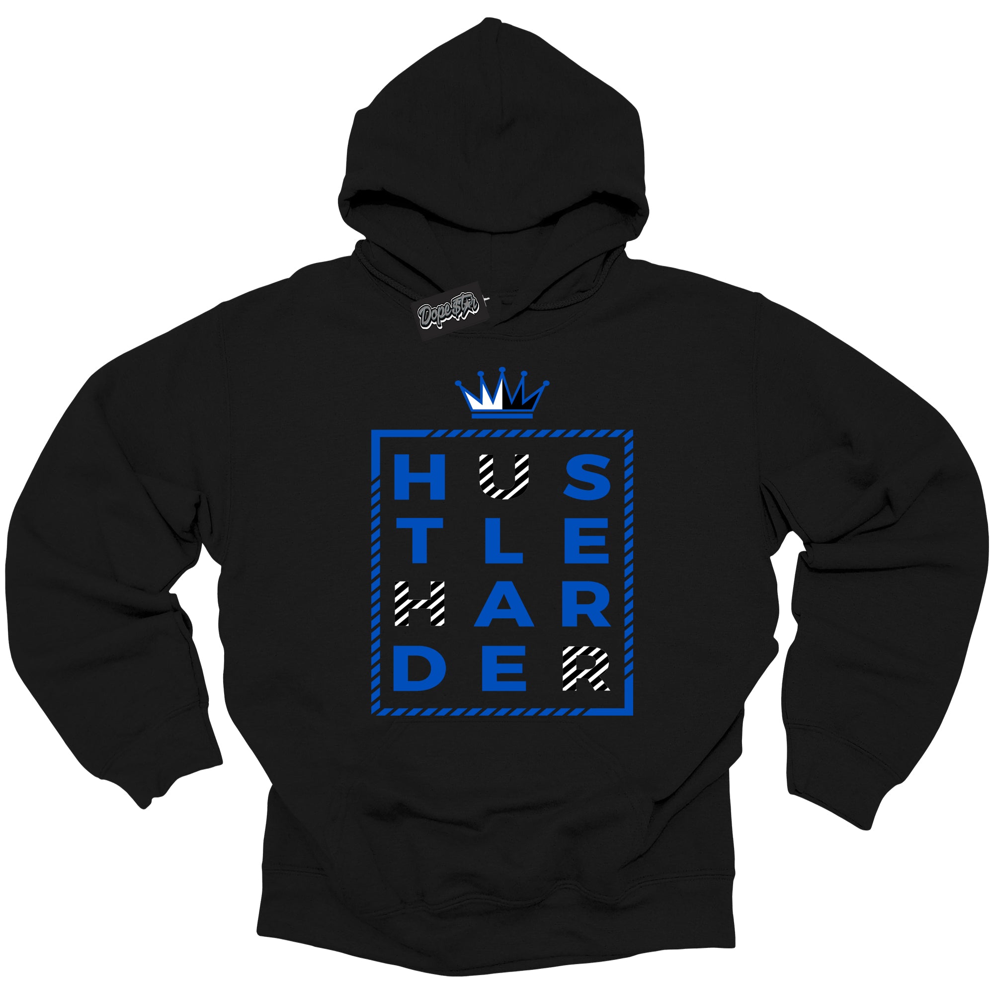 Cool Black Hoodie with “ Hustle Harder ”  design that Perfectly Matches  Royal Reimagined 1s Sneakers.