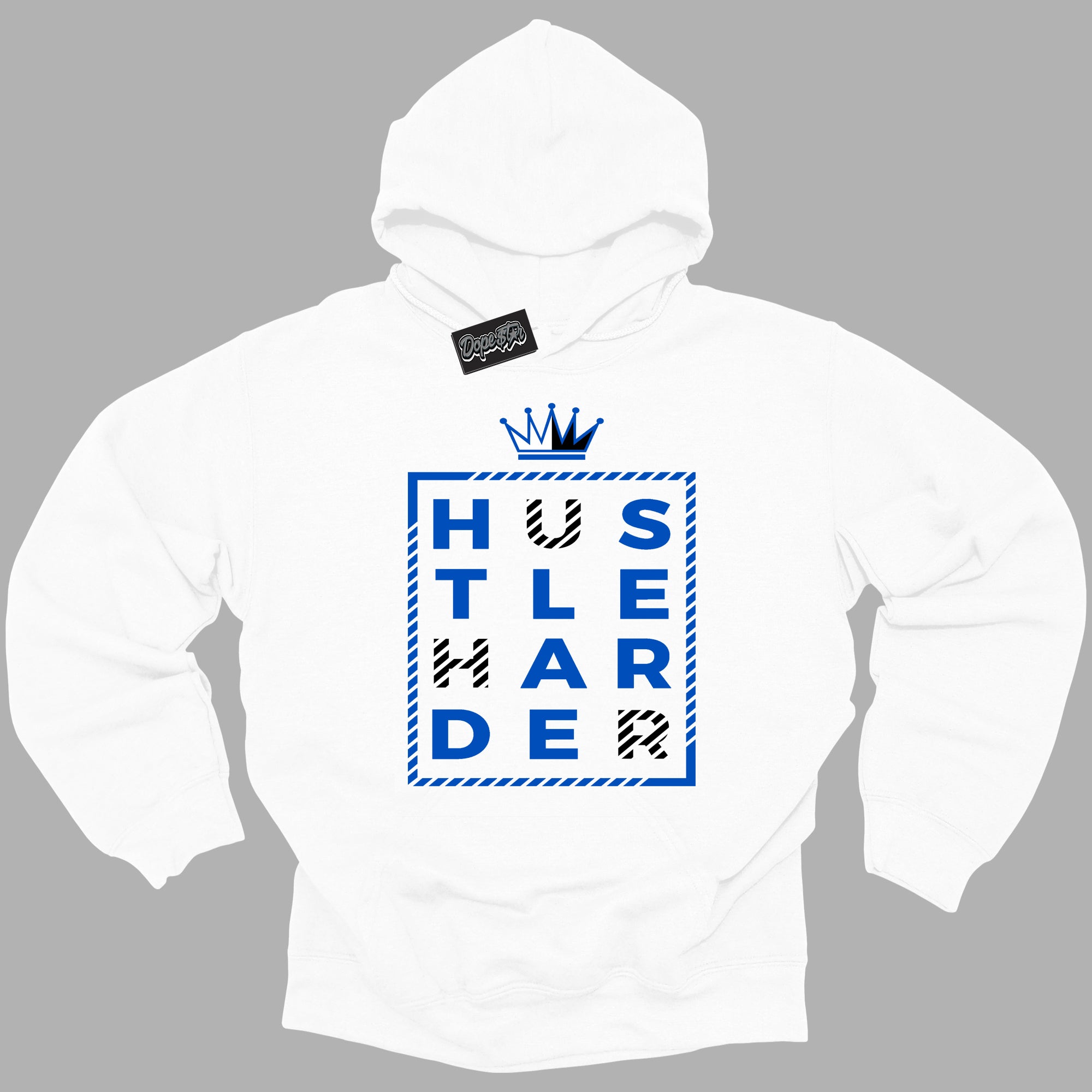 Cool White Hoodie with “ Hustle Harder ”  design that Perfectly Matches Royal Reimagined 1s Sneakers.