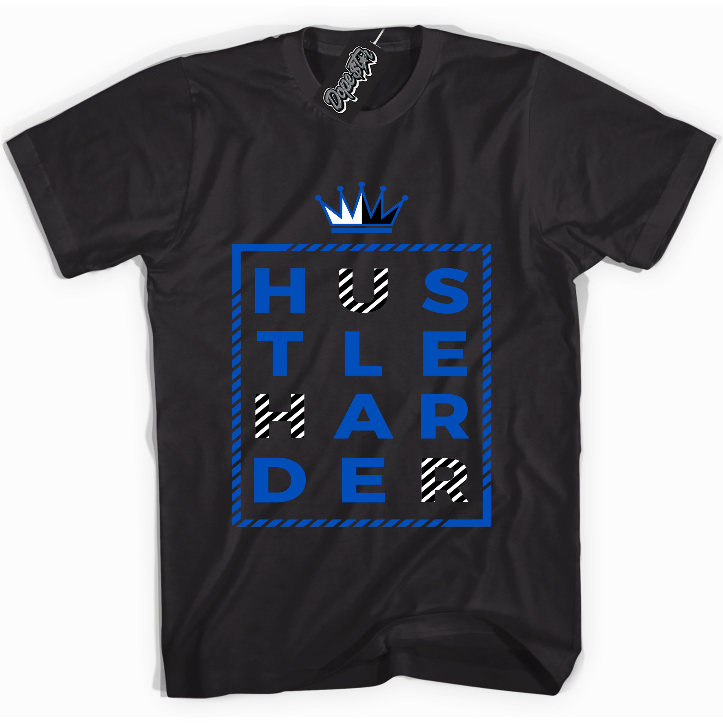 Cool Black graphic tee with "Hustle Harder" design, that perfectly matches Royal Reimagined 1s sneakers 