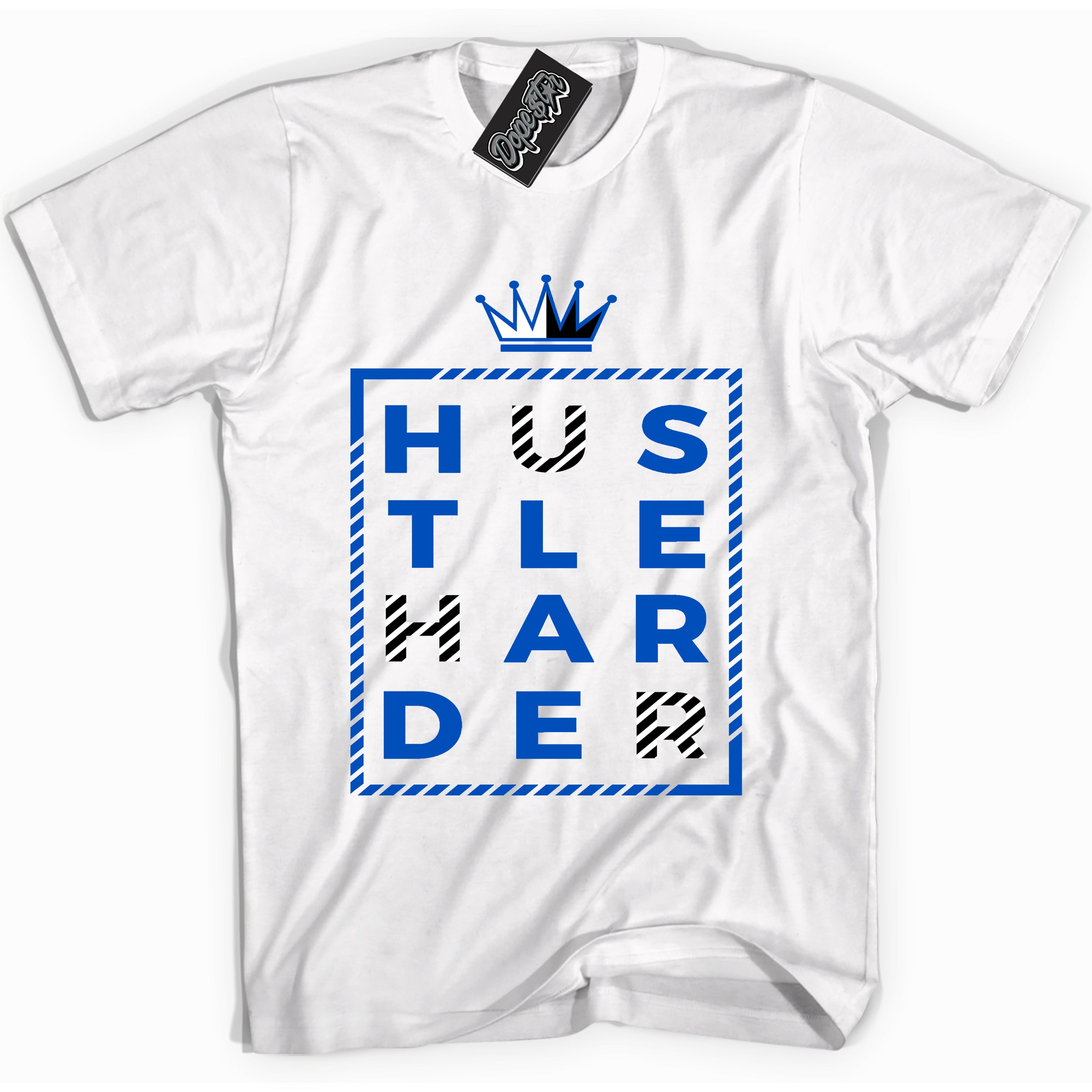 Cool White graphic tee with "Hustle Harder" design, that perfectly matches Royal Reimagined 1s sneakers 